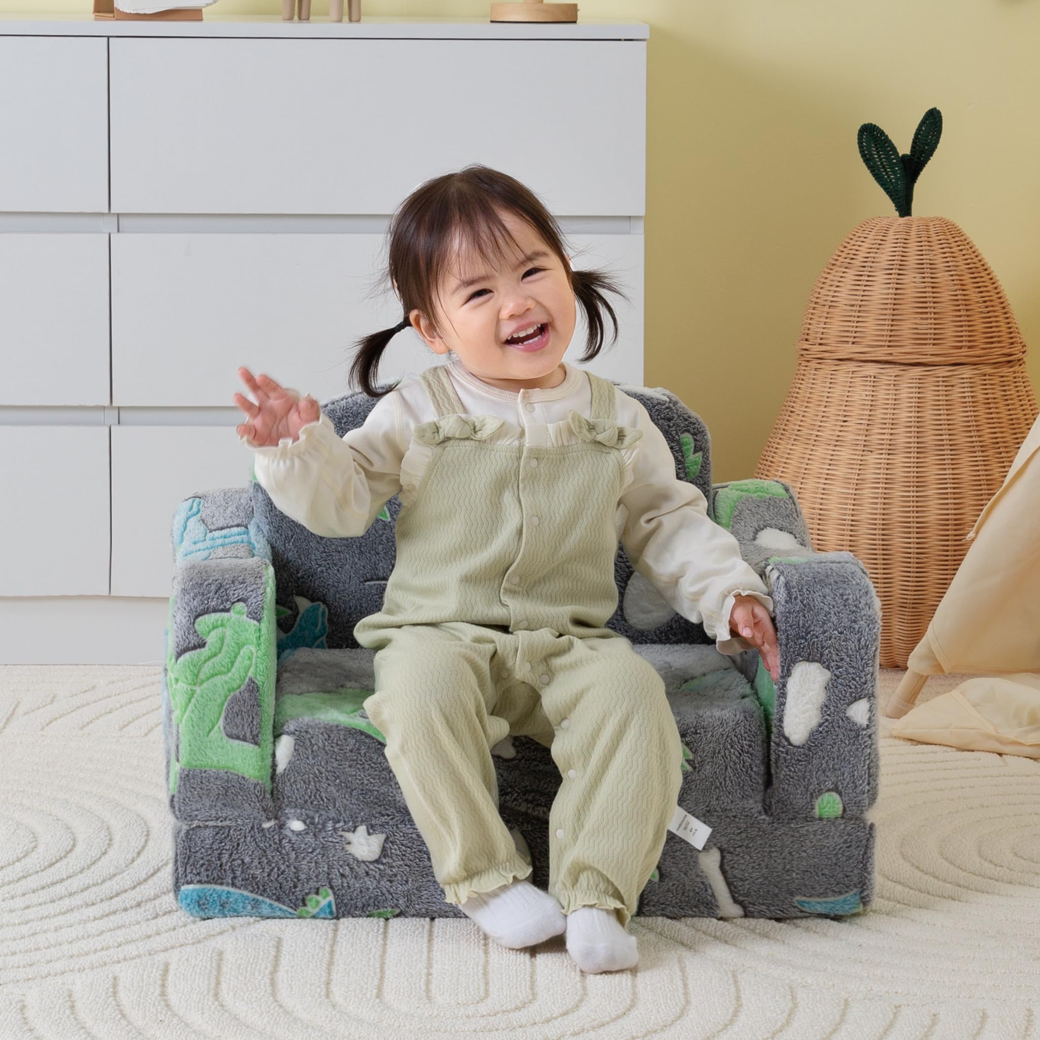 aodisman Thick Comfy Kids Chair and Couch,Foldable Plush Sofa with Pocket | 2-in-1 Convertible Kids Sofa for Playroom,Reading and Play,Gift for Boys & Girls,Removable Washable Cover,Gray Dinosaur thumbnail