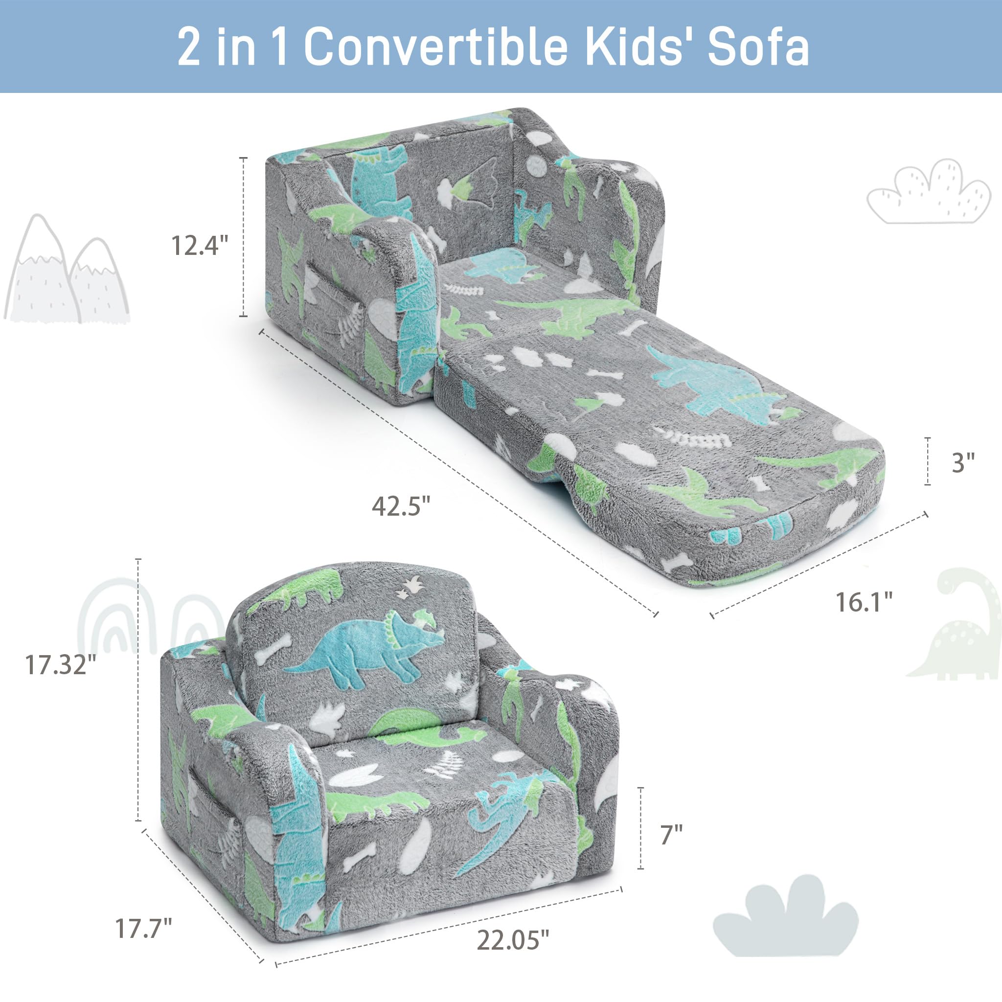 aodisman Thick Comfy Kids Chair and Couch,Foldable Plush Sofa with Pocket | 2-in-1 Convertible Kids Sofa for Playroom,Reading and Play,Gift for Boys & Girls,Removable Washable Cover,Gray Dinosaur thumbnail