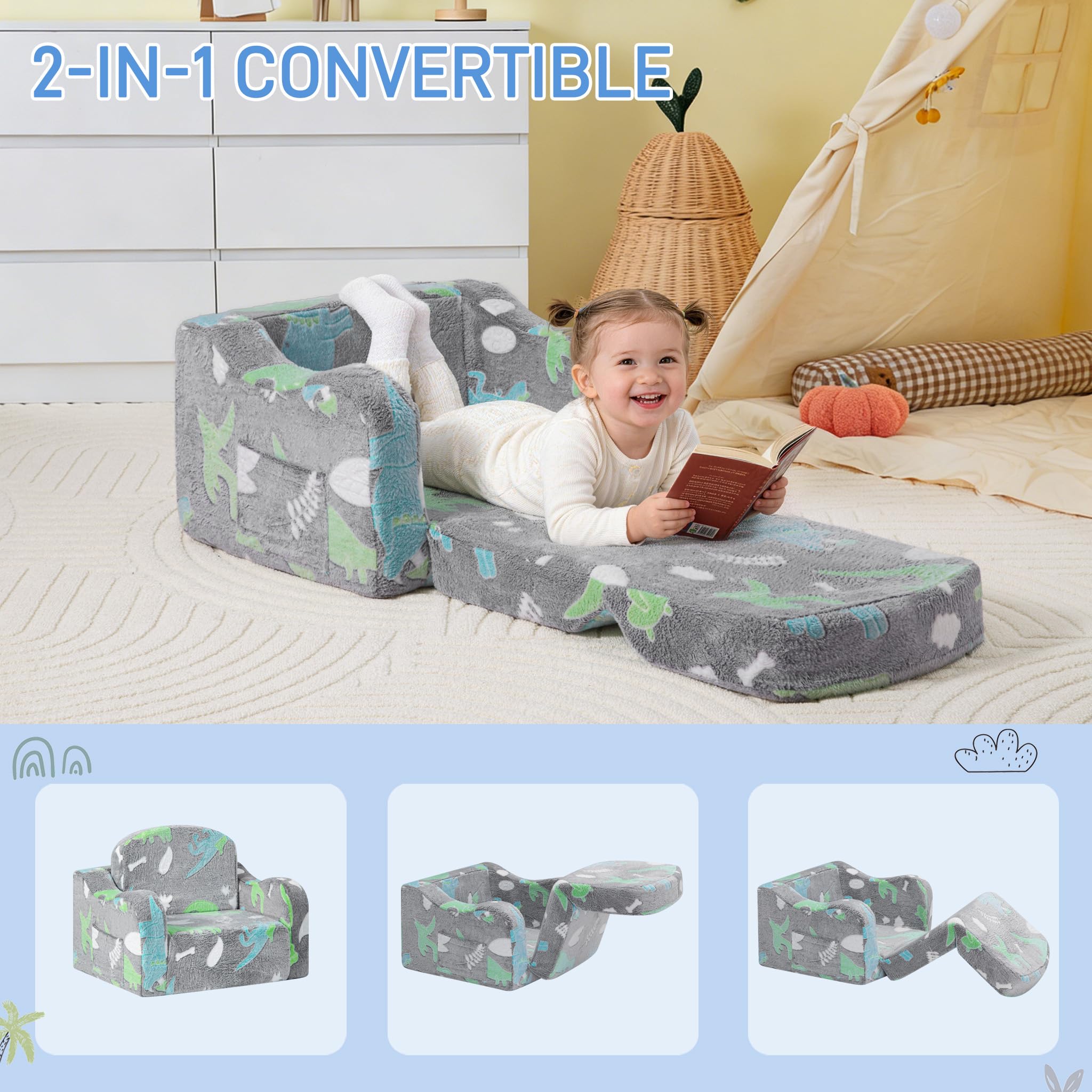 aodisman Thick Comfy Kids Chair and Couch,Foldable Plush Sofa with Pocket | 2-in-1 Convertible Kids Sofa for Playroom,Reading and Play,Gift for Boys & Girls,Removable Washable Cover,Gray Dinosaur thumbnail