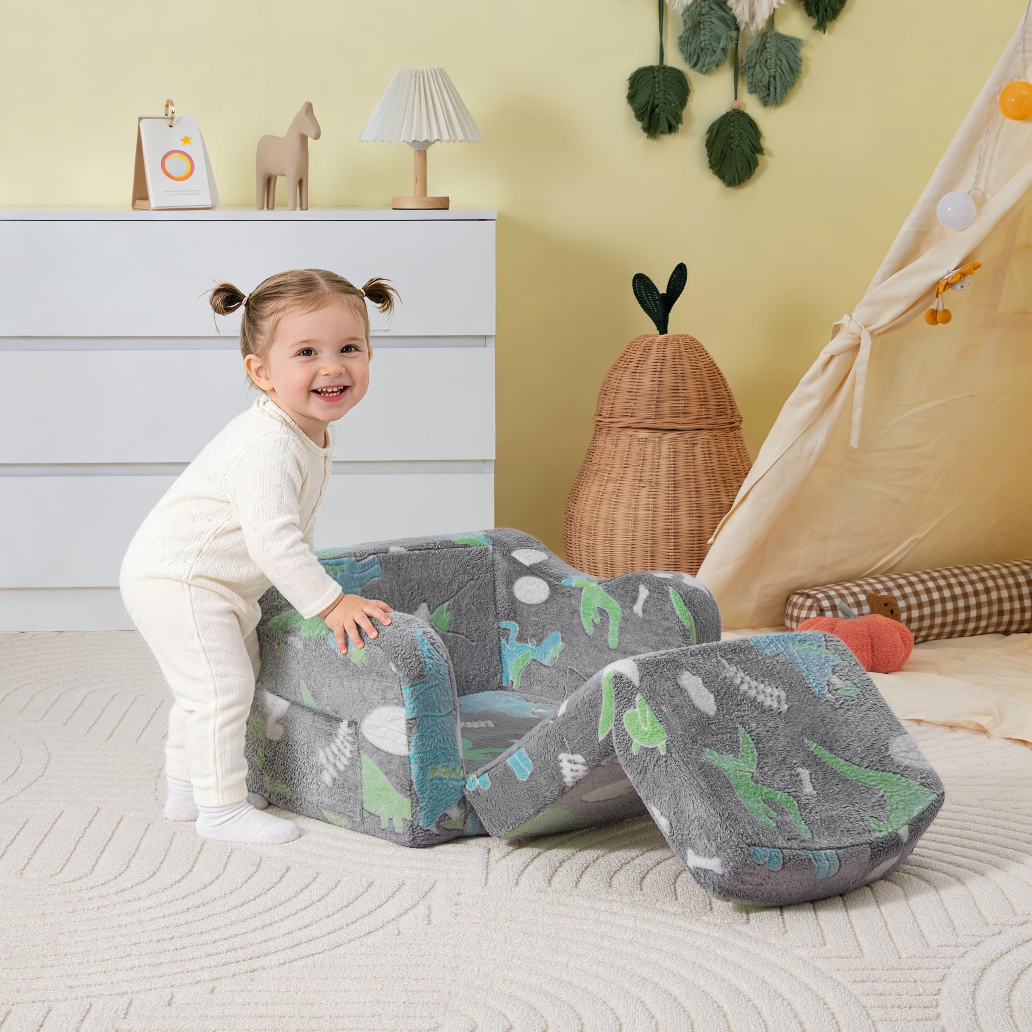 aodisman Thick Comfy Kids Chair and Couch,Foldable Plush Sofa with Pocket | 2-in-1 Convertible Kids Sofa for Playroom,Reading and Play,Gift for Boys & Girls,Removable Washable Cover,Gray Dinosaur thumbnail