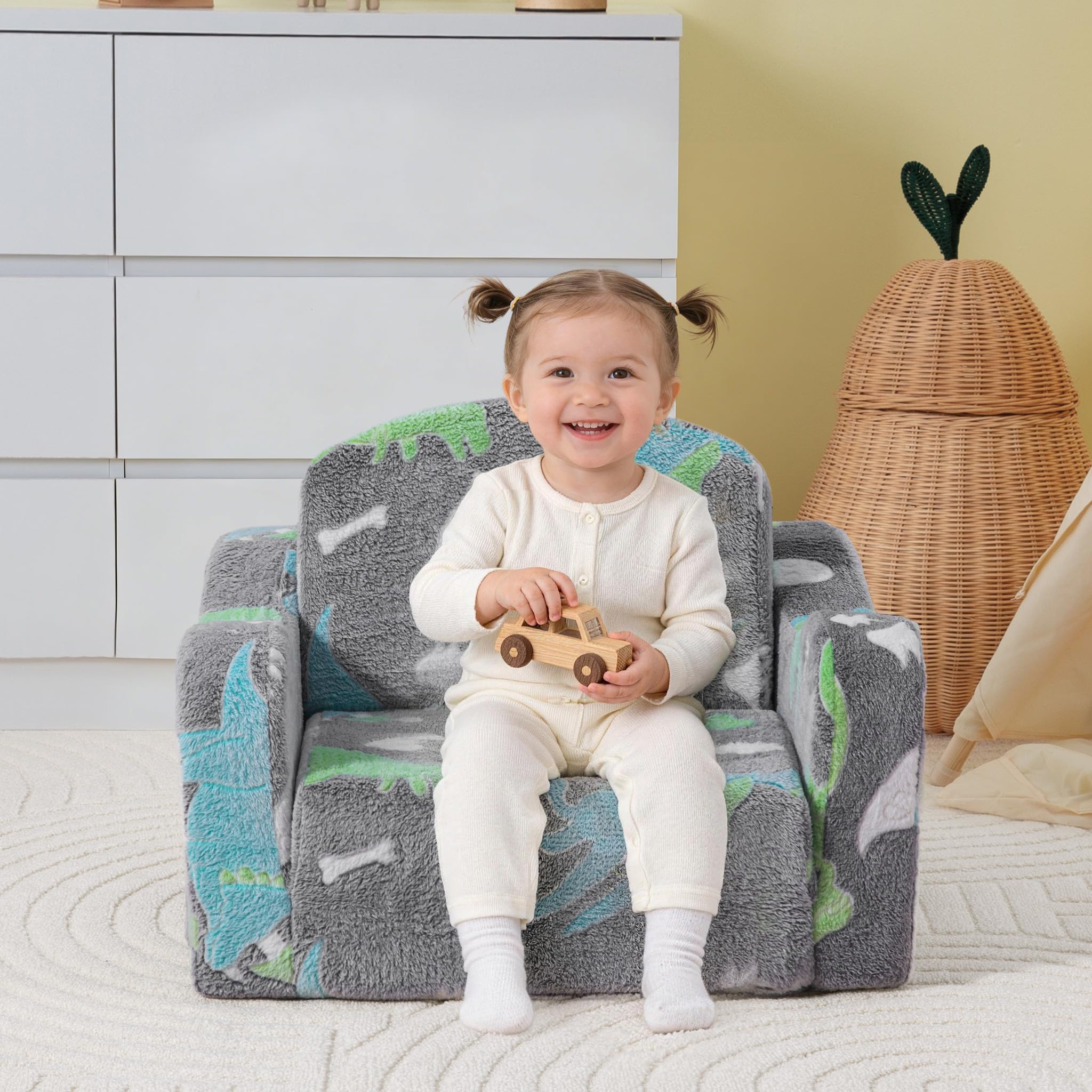 aodisman Thick Comfy Kids Chair and Couch,Foldable Plush Sofa with Pocket | 2-in-1 Convertible Kids Sofa for Playroom,Reading and Play,Gift for Boys & Girls,Removable Washable Cover,Gray Dinosaur thumbnail