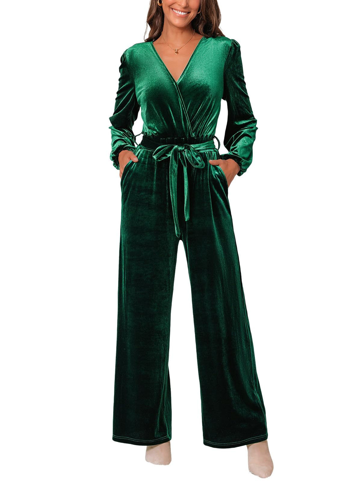 CUPSHE Women's Romper V Neck Knit Surplice Long Sleeves Waist tie Pockets Straight leg Jumpsuit Outfit Casual Dressy