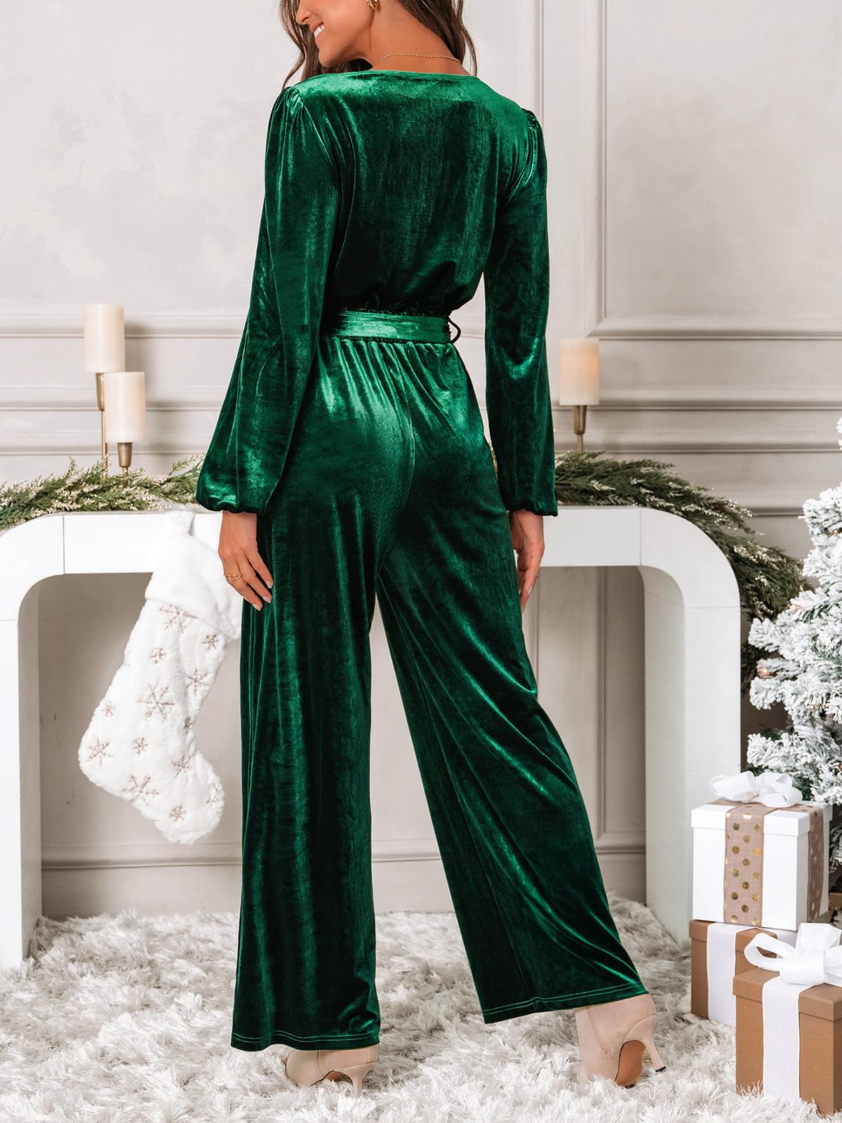 CUPSHE Women's Romper V Neck Knit Surplice Long Sleeves Waist tie Pockets Straight leg Jumpsuit Outfit Casual Dressy thumbnail