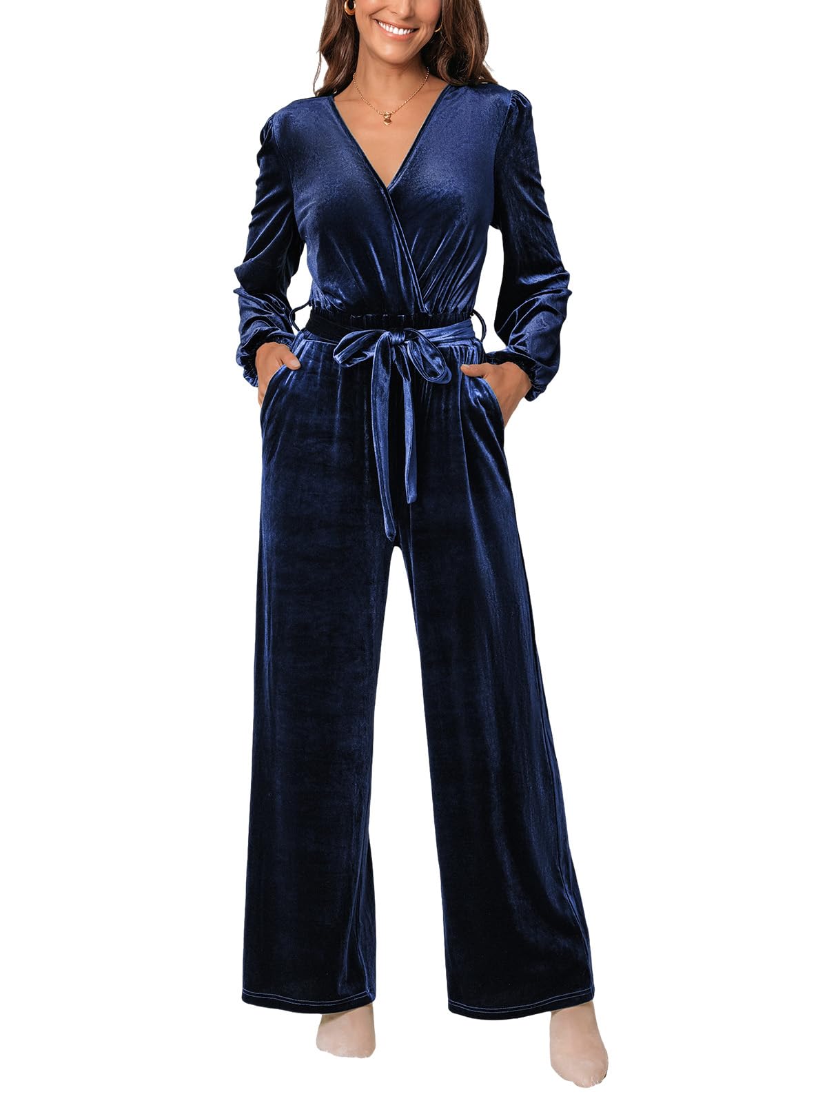 CUPSHE Women's Romper V Neck Knit Surplice Long Sleeves Waist tie Pockets Straight leg Jumpsuit Outfit Casual Dressy thumbnail