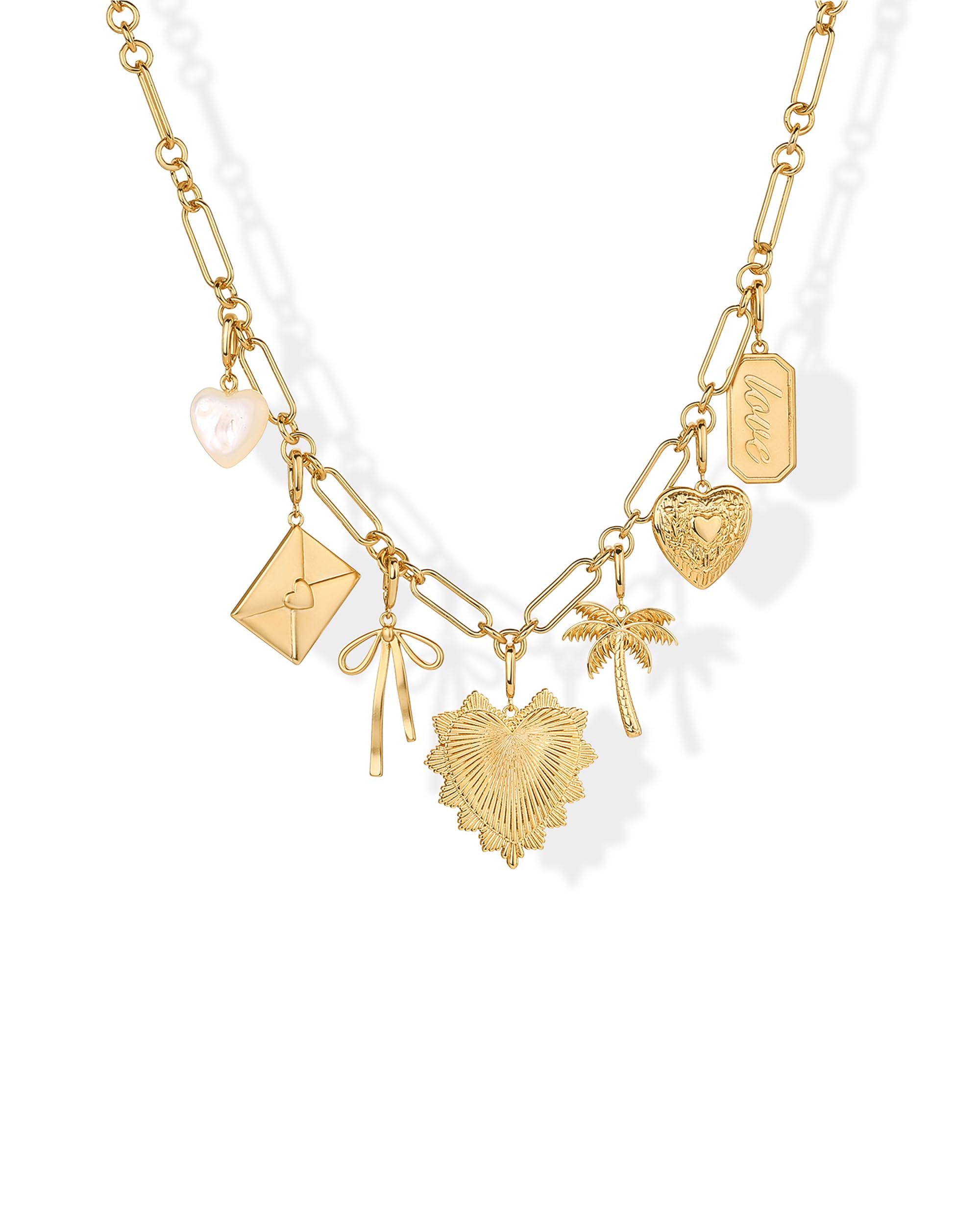 PAVOI 14K Gold Plated Chunky Charm Necklace Pack for Women | Statement Paperclip Chain Necklaces with Removable Charms | Heart Palm Tree Bow Pearl Love Friendship Necklace - Valentines Day Trendy Jewelry