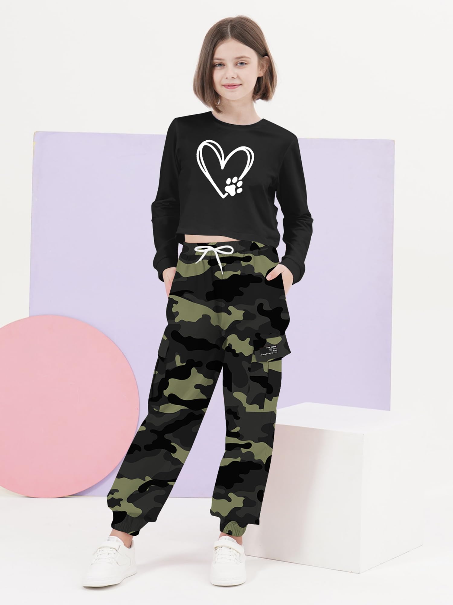 SANGTREE Girls Fall Winter Clothing Sets, Girls Long Sleeve Crop Top and Cargo Jogger Pants Outfit Set,4T-14 Years thumbnail