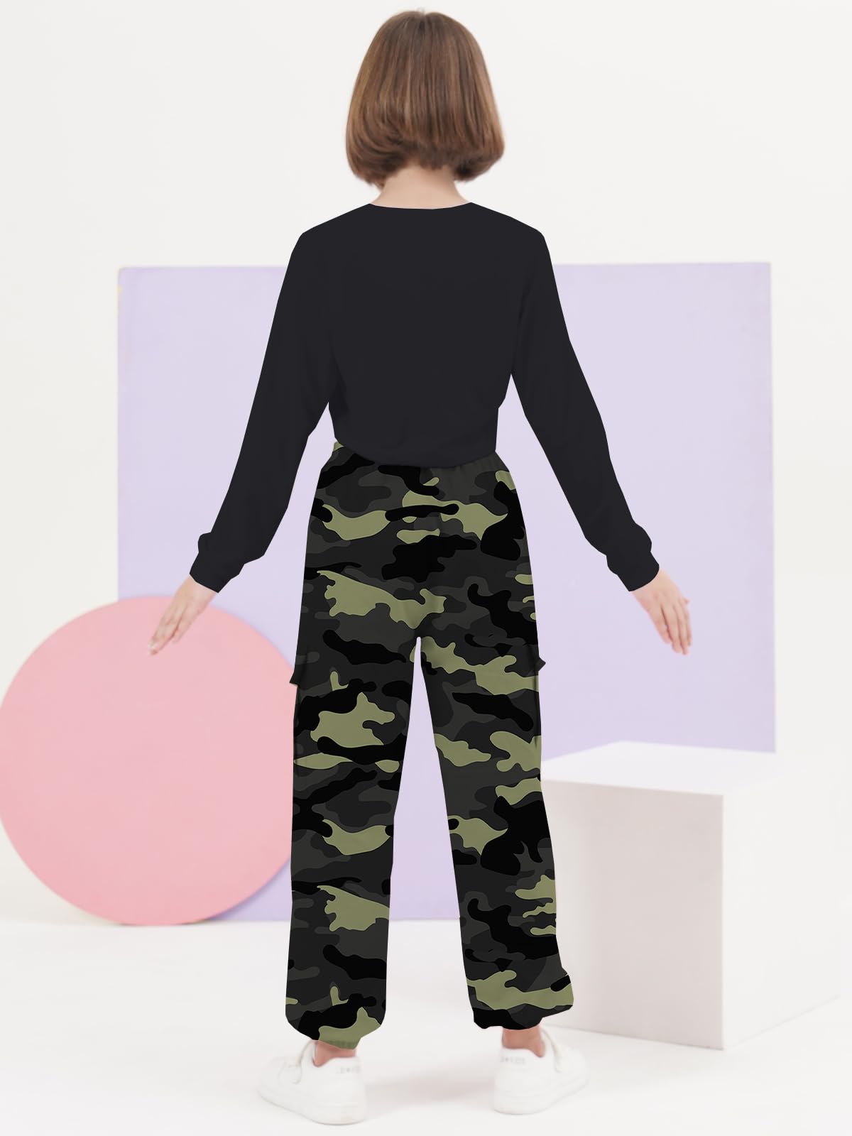 SANGTREE Girls Fall Winter Clothing Sets, Girls Long Sleeve Crop Top and Cargo Jogger Pants Outfit Set,4T-14 Years thumbnail