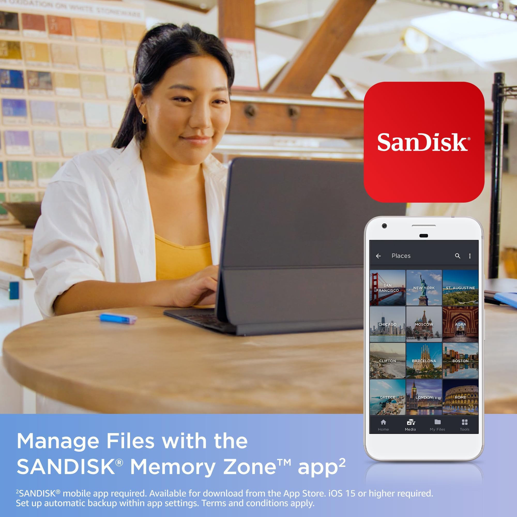 SANDISK 128GB Creator Phone Drive - for iPhone, iPad, Laptop & Mac - Includes USB Type-C and Lightning Connectors - Automatic Backup, 3 Months of Adobe Lightroom Included- SDIXD0N-128G-GN6TP thumbnail