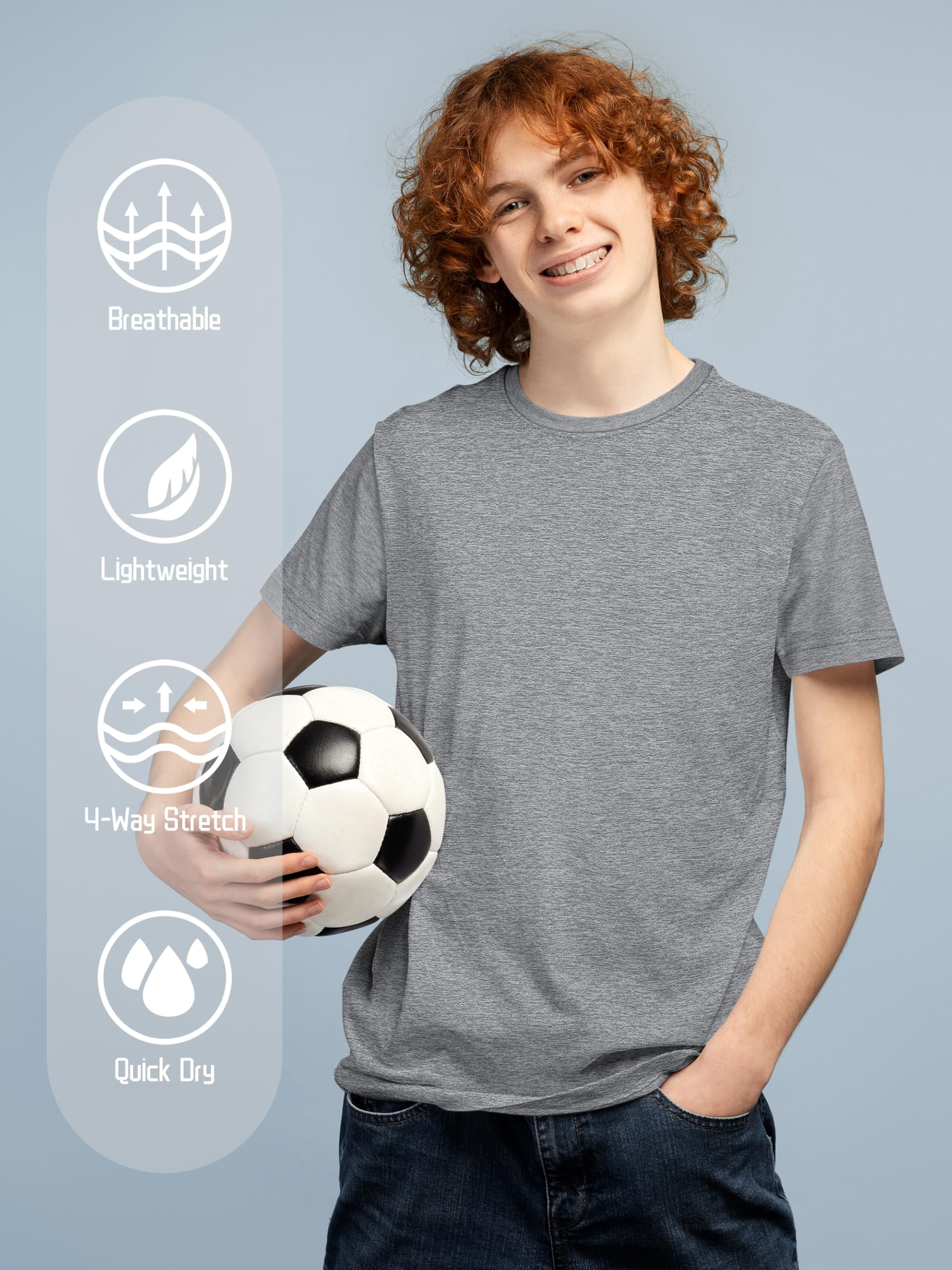 QWE 5 Pack Boys Shirts Youth Dry Fit Shirts Athletic Short Sleeve T Shirts Boys' Activewear Tops for Youth Teens 5-18 Years thumbnail
