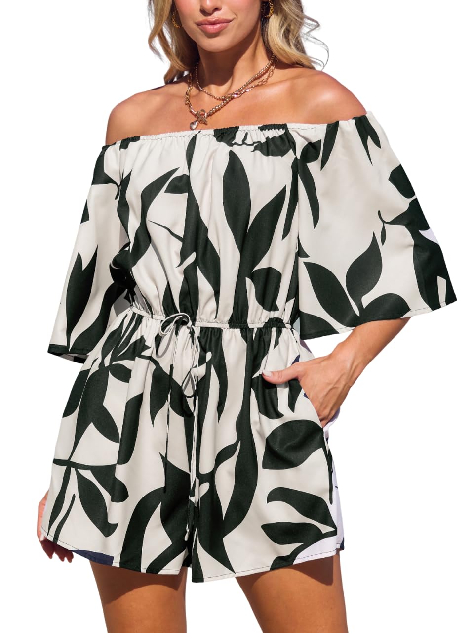 CUPSHE Women's Tropical Leaf Print Off Shoulder Romper 3/4 Sleeve Casual | Comfy Wide Leg Shorts, Side Pockets, Adjustable Drawstring Tie, Boho Beach Vacation Outfit, Poolside Party Wear