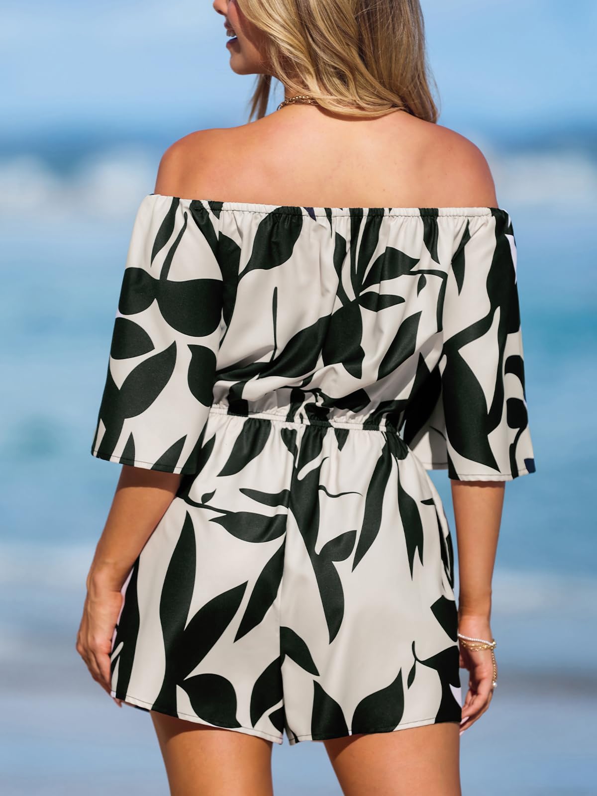 CUPSHE Women's Tropical Leaf Print Off Shoulder Romper 3/4 Sleeve Casual | Comfy Wide Leg Shorts, Side Pockets, Adjustable Drawstring Tie, Boho Beach Vacation Outfit, Poolside Party Wear thumbnail