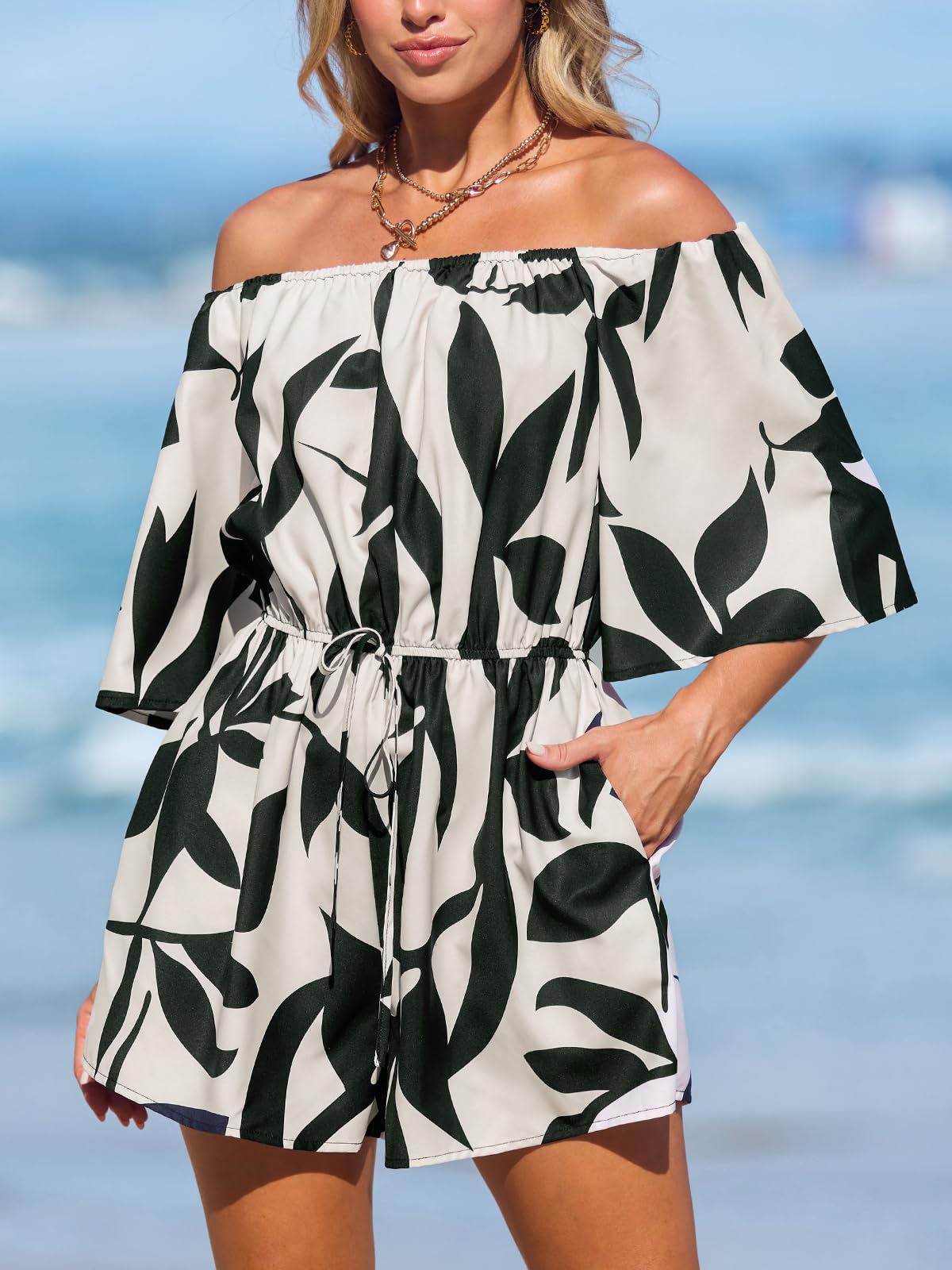 CUPSHE Women's Tropical Leaf Print Off Shoulder Romper 3/4 Sleeve Casual | Comfy Wide Leg Shorts, Side Pockets, Adjustable Drawstring Tie, Boho Beach Vacation Outfit, Poolside Party Wear thumbnail
