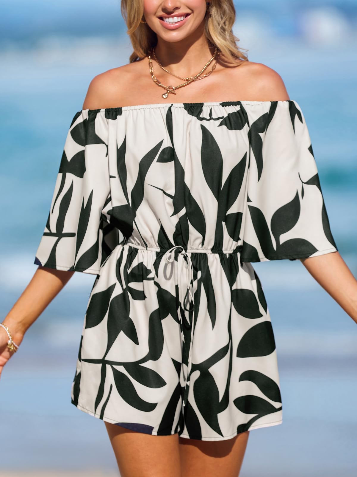 CUPSHE Women's Tropical Leaf Print Off Shoulder Romper 3/4 Sleeve Casual | Comfy Wide Leg Shorts, Side Pockets, Adjustable Drawstring Tie, Boho Beach Vacation Outfit, Poolside Party Wear thumbnail