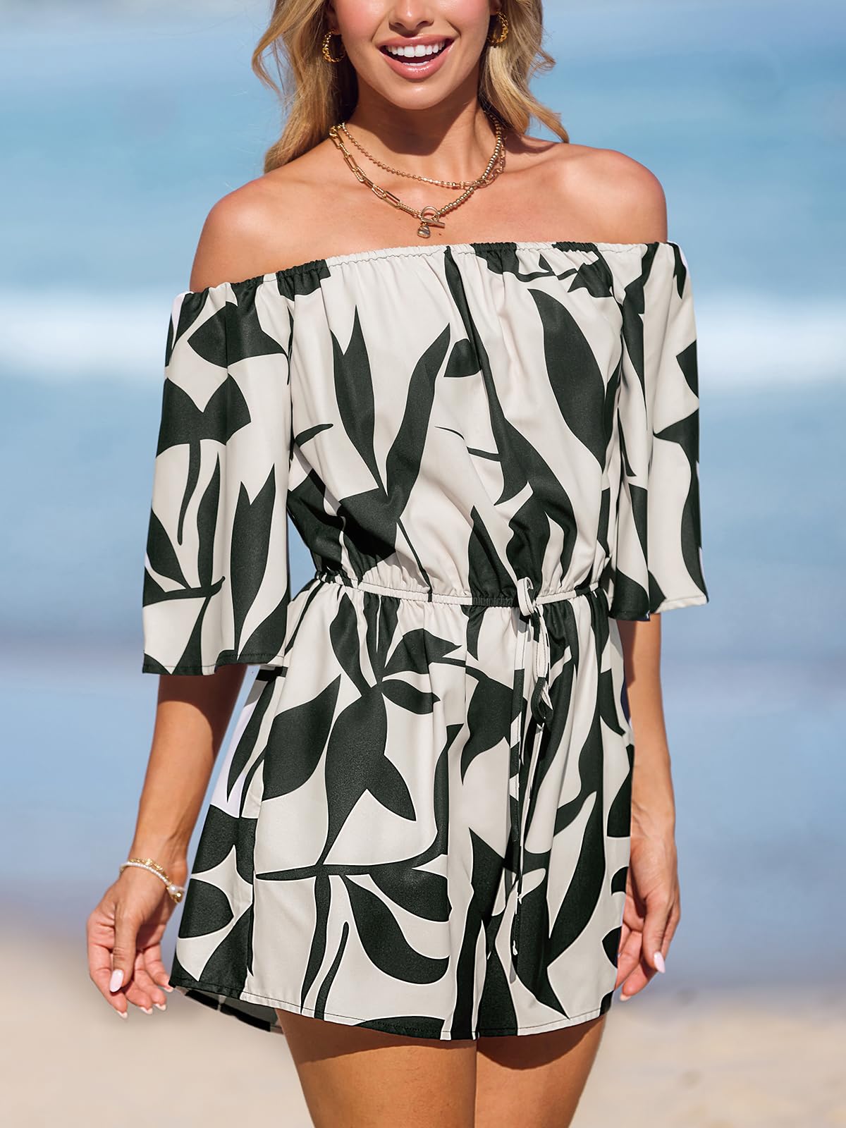 CUPSHE Women's Tropical Leaf Print Off Shoulder Romper 3/4 Sleeve Casual | Comfy Wide Leg Shorts, Side Pockets, Adjustable Drawstring Tie, Boho Beach Vacation Outfit, Poolside Party Wear thumbnail