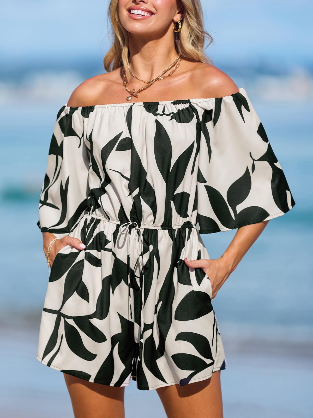 CUPSHE Women's Tropical Leaf Print Off Shoulder Romper 3/4 Sleeve Casual | Comfy Wide Leg Shorts, Side Pockets, Adjustable Drawstring Tie, Boho Beach Vacation Outfit, Poolside Party Wear thumbnail