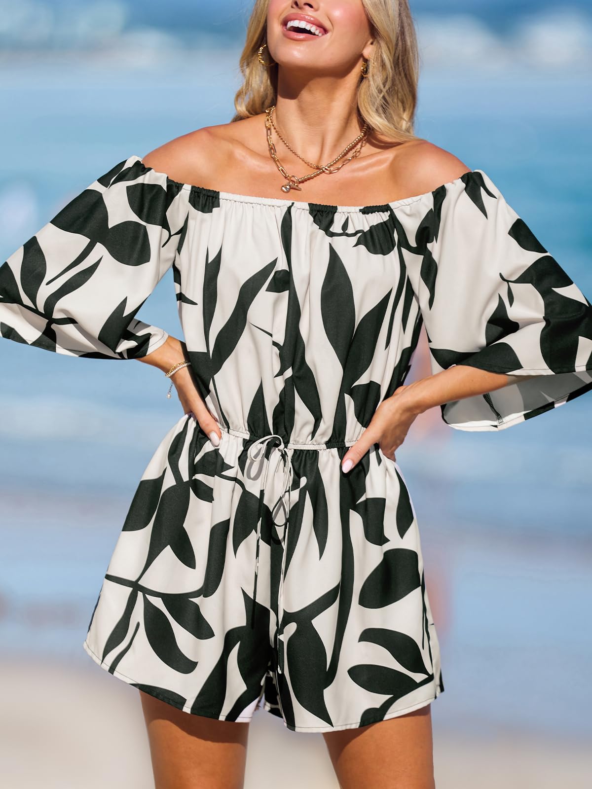 CUPSHE Women's Tropical Leaf Print Off Shoulder Romper 3/4 Sleeve Casual | Comfy Wide Leg Shorts, Side Pockets, Adjustable Drawstring Tie, Boho Beach Vacation Outfit, Poolside Party Wear thumbnail