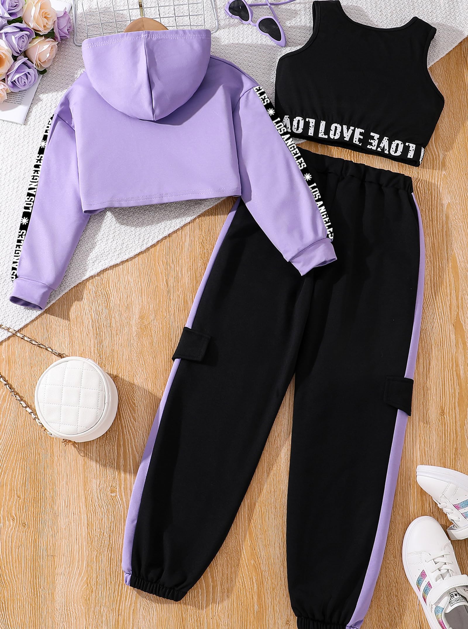 Hilinker Girls Graphic 3 Piece Outfits Workout Hoodie Crop Tank and Sweatpants Set thumbnail