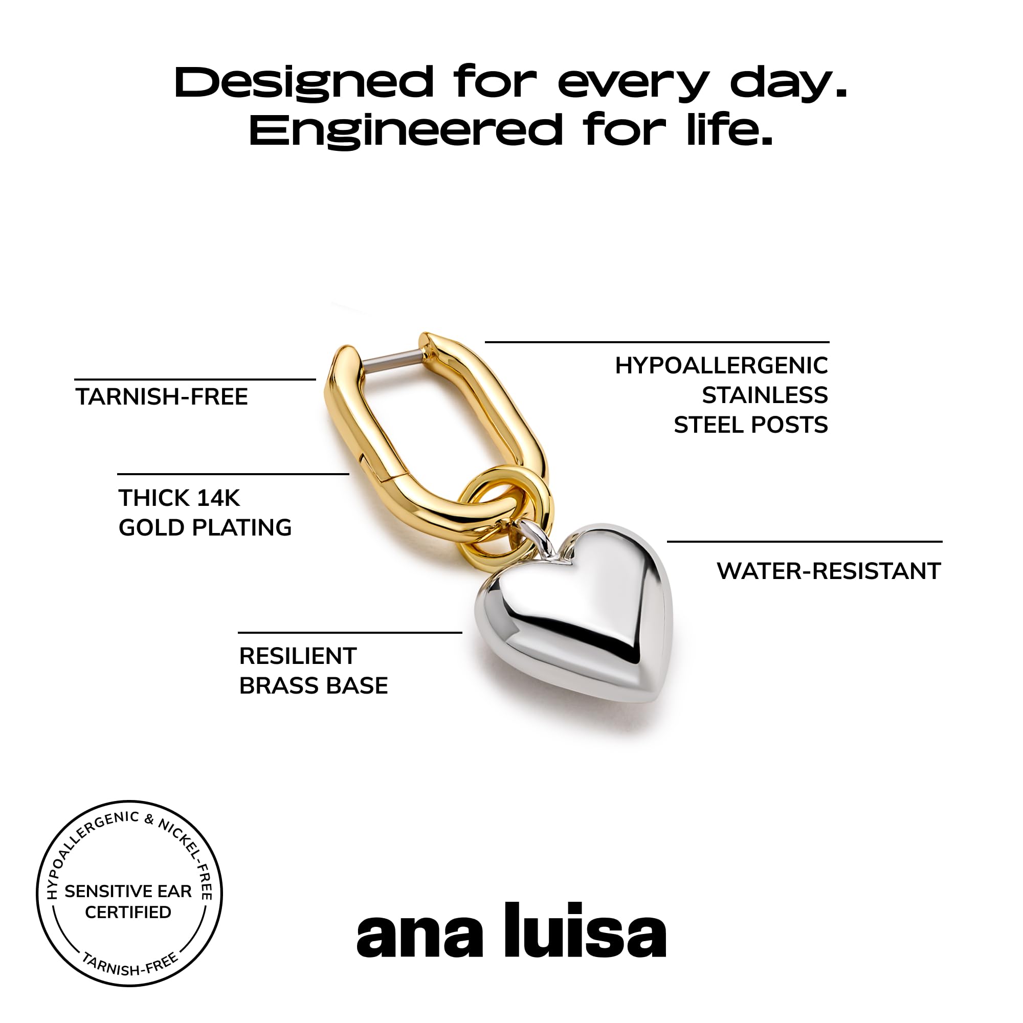 Ana Luisa Puffed Heart Earrings - Heart Charm Huggie Hoops and Earring Stud Styles - Dainty 14K Gold Plated, Silver Rhodium Plated & Mixed Metal Silver & Gold Earrings - Hypoallergenic Water-Resistant thumbnail