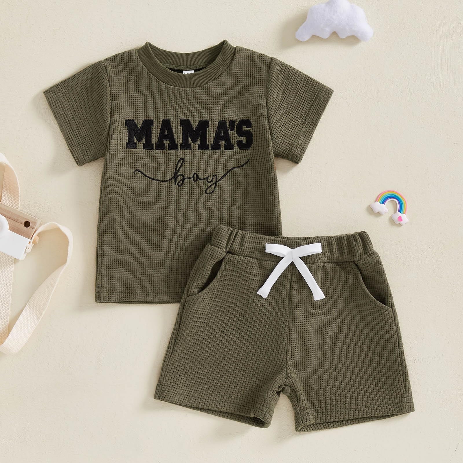 FOCUSNORM Toddler Baby Boy Summer Clothes Embroidered Waffle Short Sleeve T-Shirts Elastic Shorts Newborn Infant Boy Outfits thumbnail