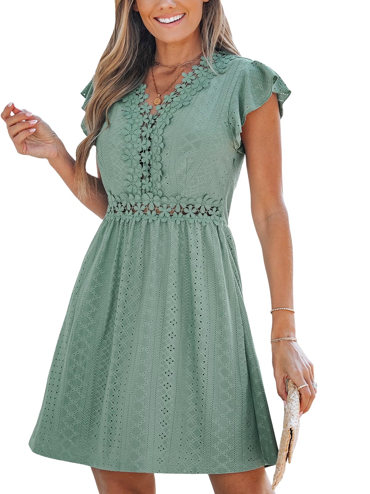 CUPSHE Women's Boho V Neck Lace Dress Casual Eyelet Summer Mini Sundress Ruffle Cap Sleeve A-Line Beach Vacation Dress 2026