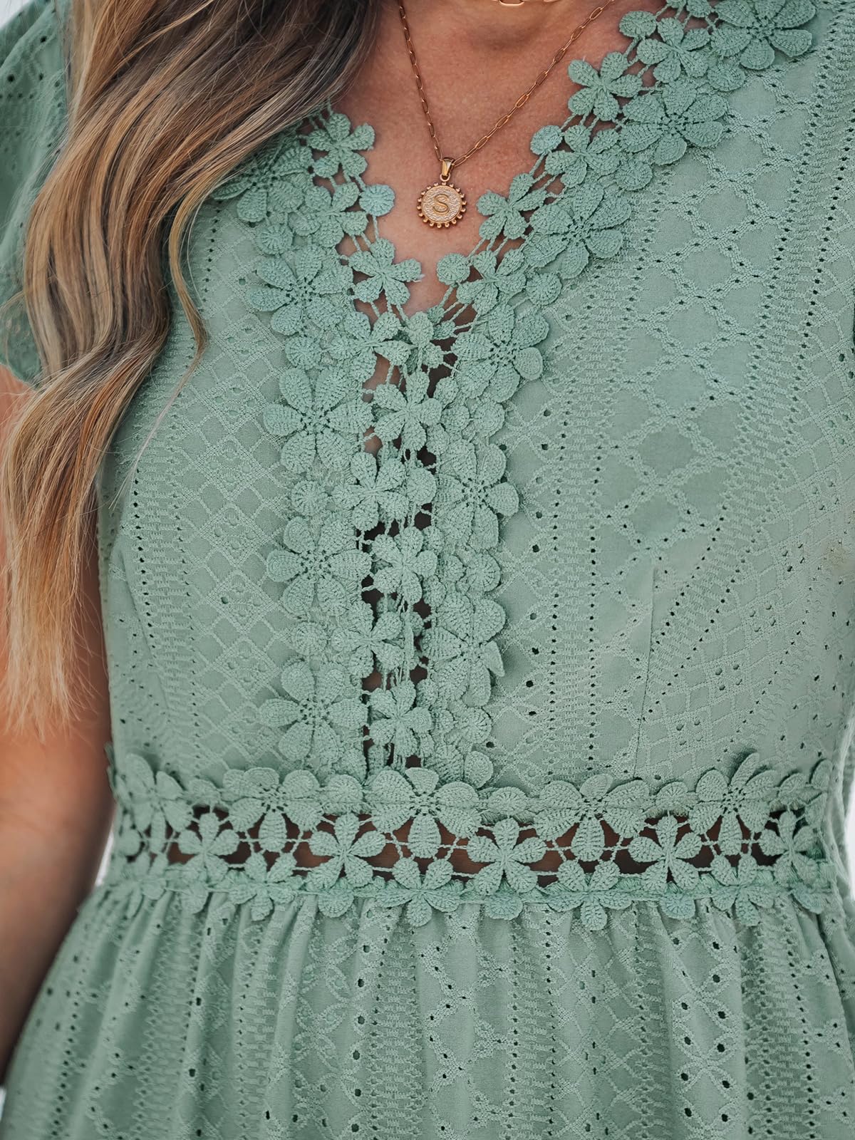 CUPSHE Women's Boho V Neck Lace Dress Casual Eyelet Summer Mini Sundress Ruffle Cap Sleeve A-Line Beach Vacation Dress 2026 thumbnail