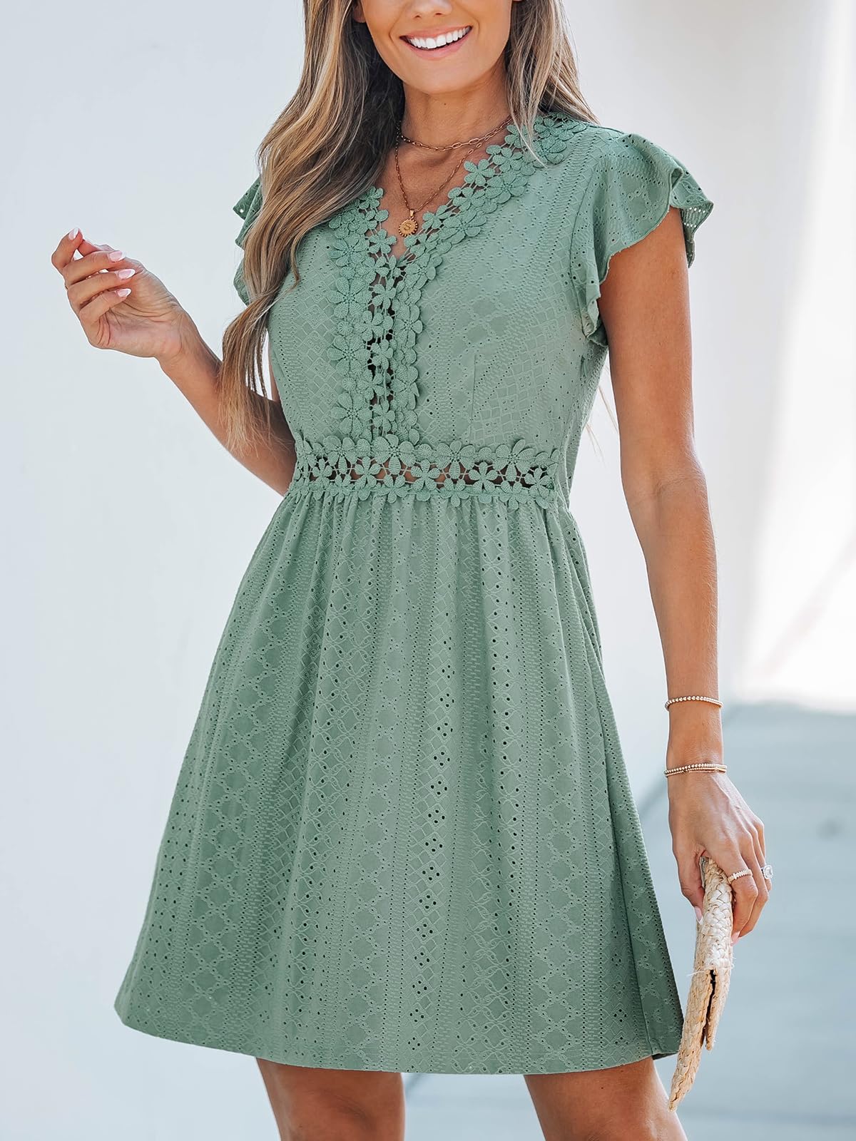 CUPSHE Women's Boho V Neck Lace Dress Casual Eyelet Summer Mini Sundress Ruffle Cap Sleeve A-Line Beach Vacation Dress 2026 thumbnail