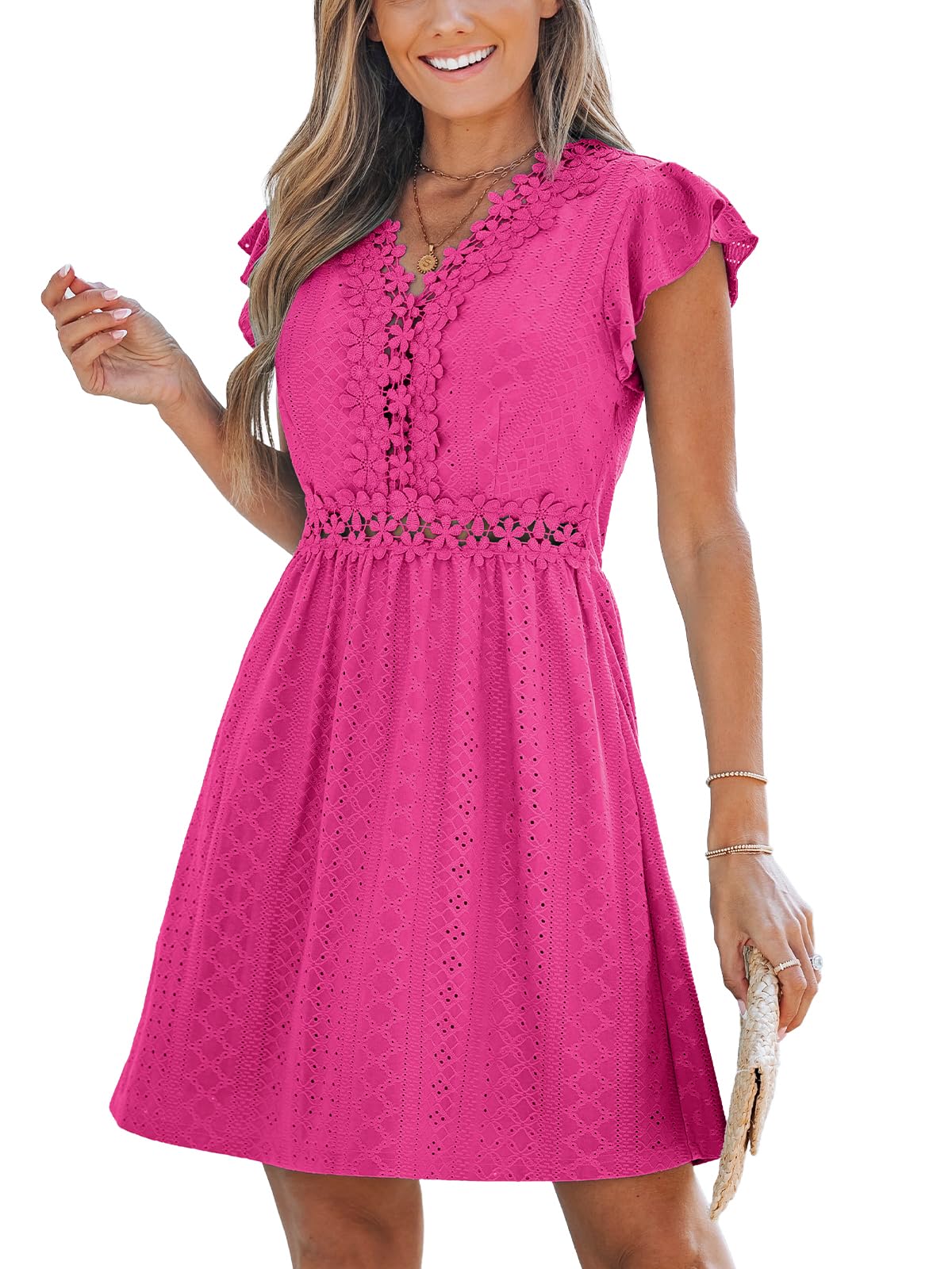 CUPSHE Women's Boho V Neck Lace Dress Casual Eyelet Summer Mini Sundress Ruffle Cap Sleeve A-Line Beach Vacation Dress 2026 thumbnail