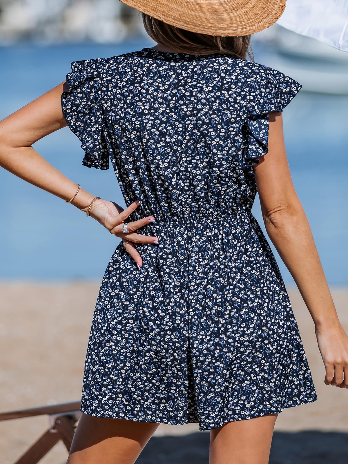 CUPSHE Women's Romper Tropical Flutter Sleeve Boho Overall V Neck Wide Leg Outfit Casual Beach thumbnail