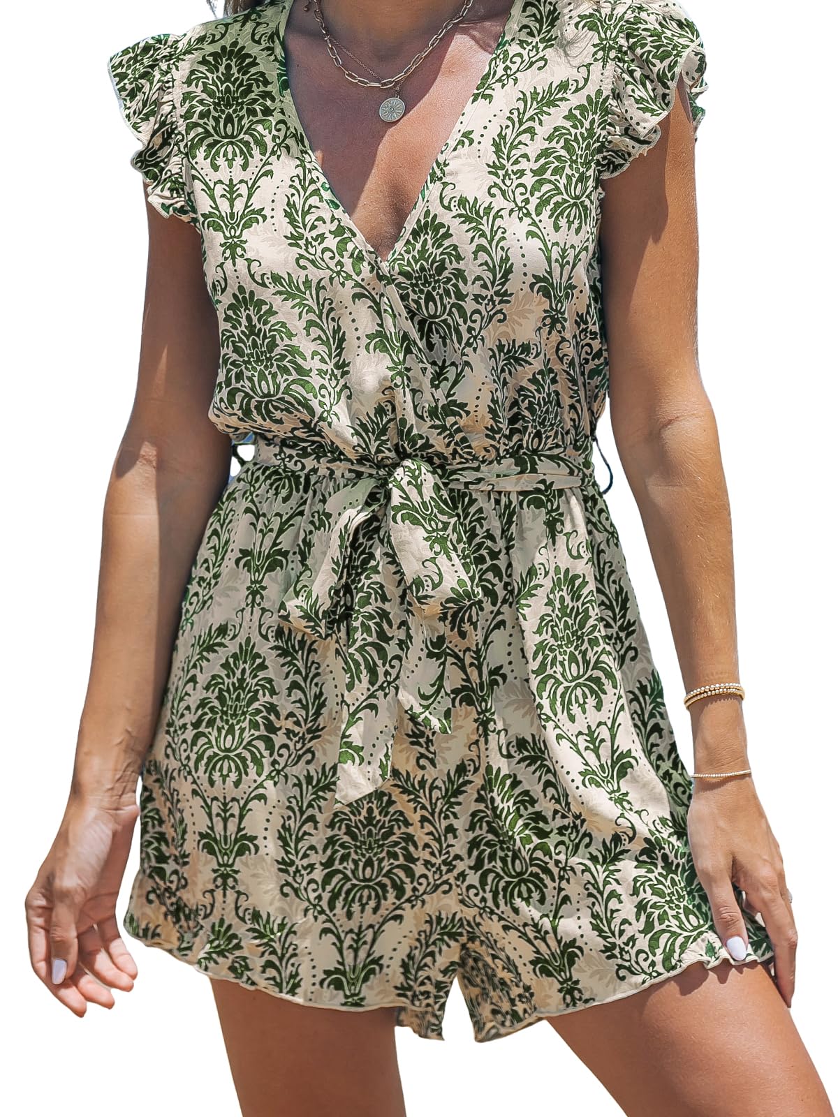 CUPSHE Women's Romper Tropical Flutter Sleeve Boho Overall V Neck Wide Leg Outfit Casual Beach thumbnail