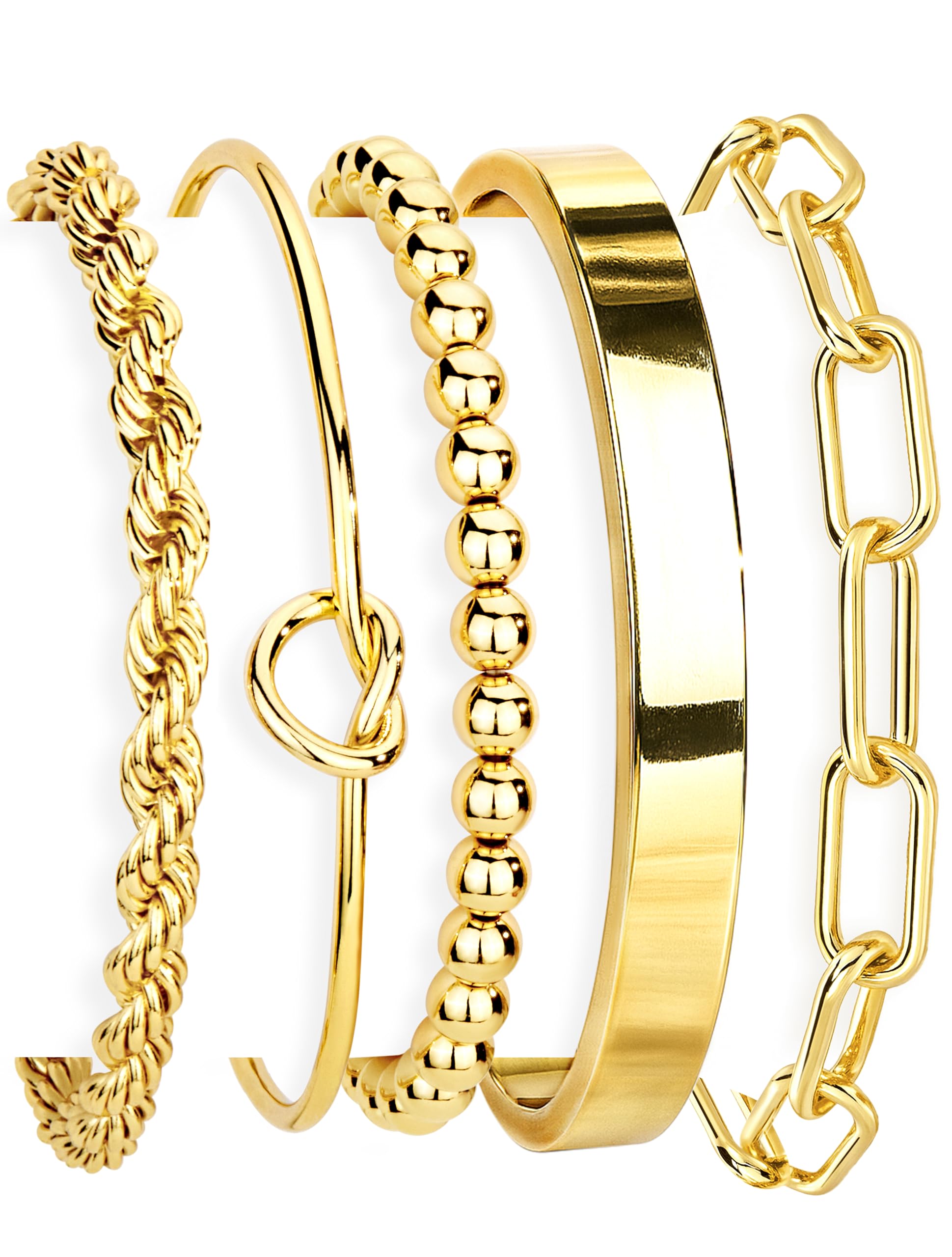 Gokeey Gold Bracelets Set for Women Non Tarnish, Waterproof 14K Gold Plated Sterling Silver Chunky Cuff Bracelet Stackable Gold Bangles Bracelet for Women Trendy Fashion Accessories Tie Knot Cuban Rope Paperclip Beaded Bracelet Stack Jewelry Mothers 