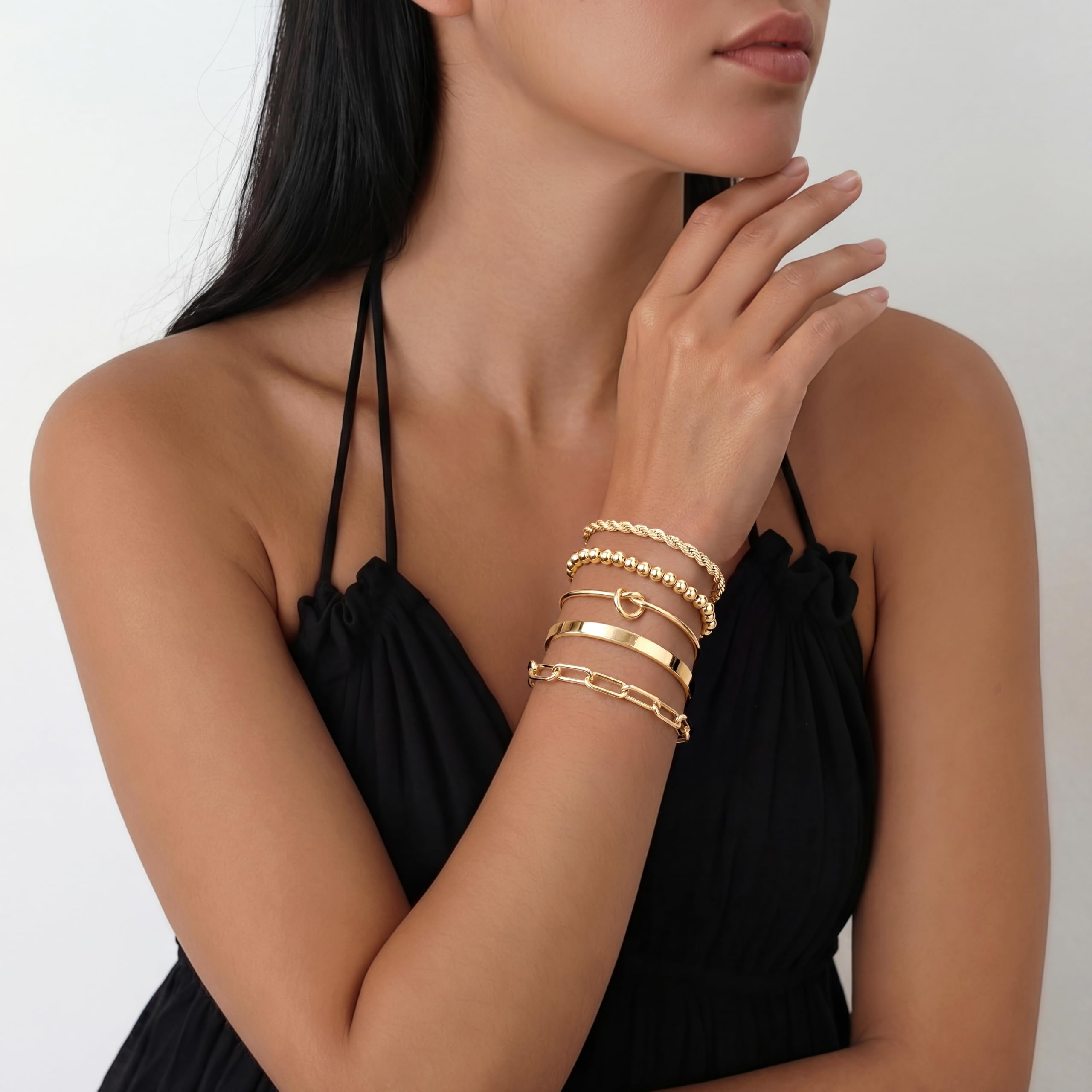 Gokeey Gold Bracelets Set for Women Non Tarnish, Waterproof 14K Gold Plated Sterling Silver Chunky Cuff Bracelet Stackable Gold Bangles Bracelet for Women Trendy Fashion Accessories Tie Knot Cuban Rope Paperclip Beaded Bracelet Stack Jewelry Mothers  thumbnail