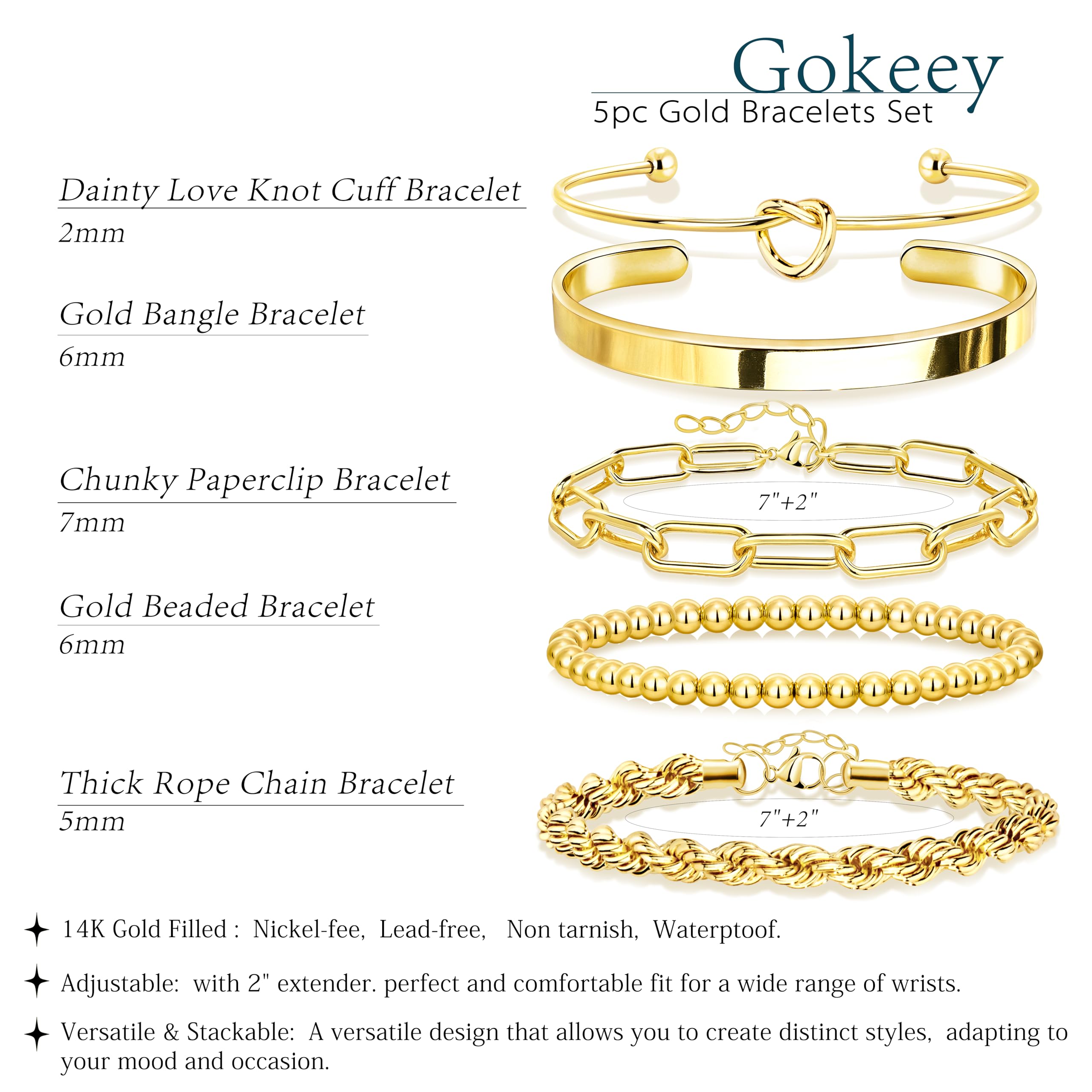 Gokeey Gold Bracelets Set for Women Non Tarnish, Waterproof 14K Gold Plated Sterling Silver Chunky Cuff Bracelet Stackable Gold Bangles Bracelet for Women Trendy Fashion Accessories Tie Knot Cuban Rope Paperclip Beaded Bracelet Stack Jewelry Mothers  thumbnail