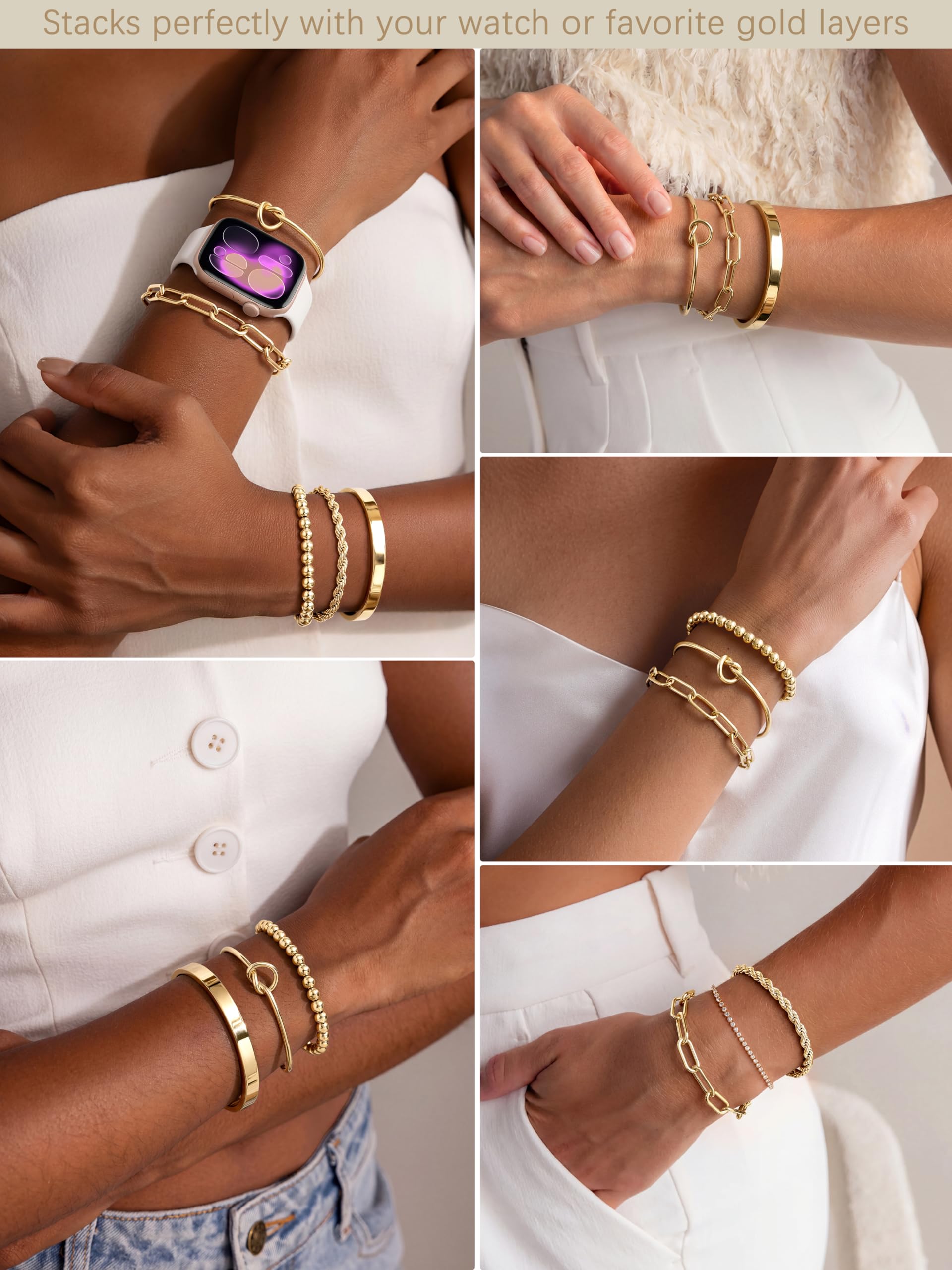 Gokeey Gold Bracelets Set for Women Non Tarnish, Waterproof 14K Gold Plated Sterling Silver Chunky Cuff Bracelet Stackable Gold Bangles Bracelet for Women Trendy Fashion Accessories Tie Knot Cuban Rope Paperclip Beaded Bracelet Stack Jewelry Mothers  thumbnail