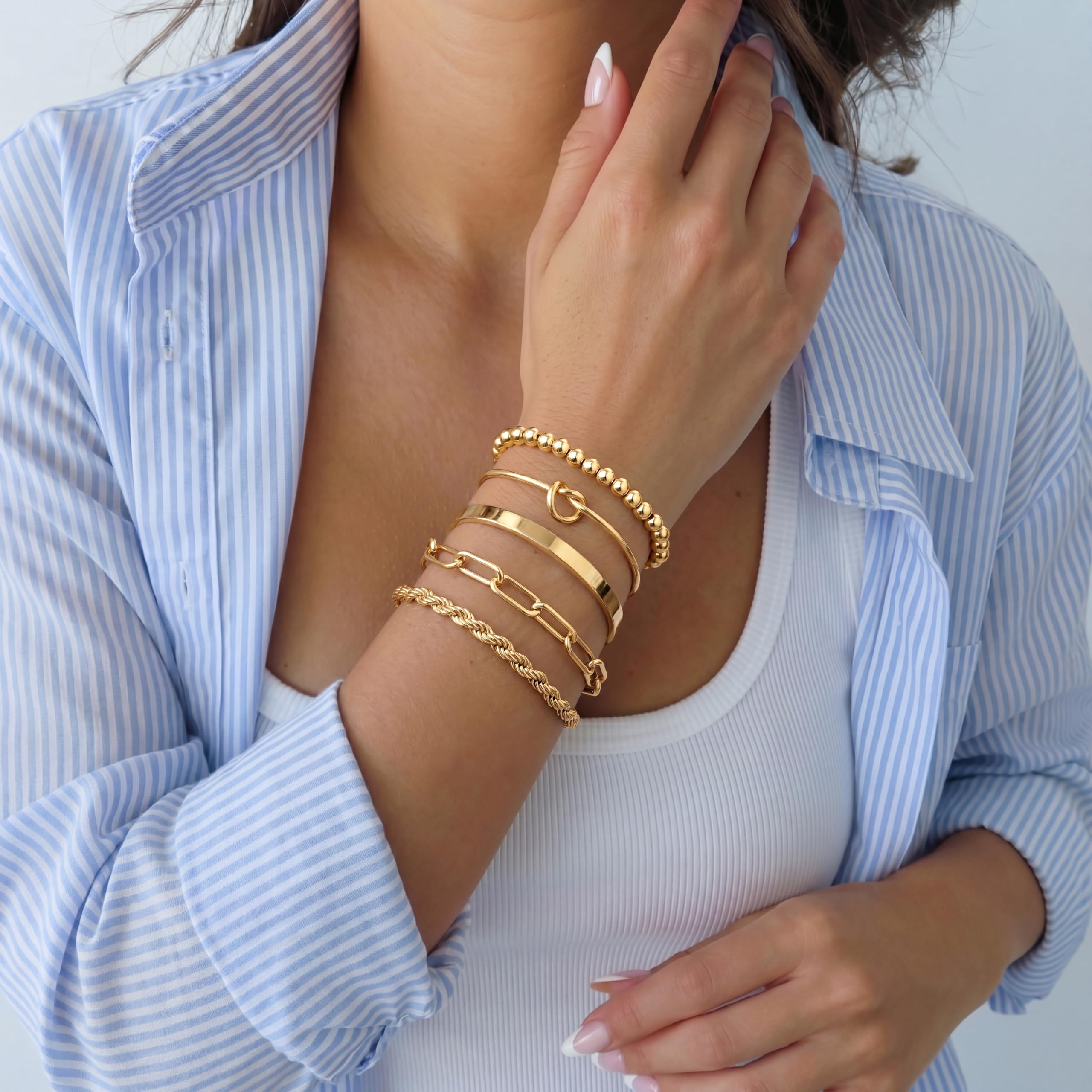 Gokeey Gold Bracelets Set for Women Non Tarnish, Waterproof 14K Gold Plated Sterling Silver Chunky Cuff Bracelet Stackable Gold Bangles Bracelet for Women Trendy Fashion Accessories Tie Knot Cuban Rope Paperclip Beaded Bracelet Stack Jewelry Mothers  thumbnail