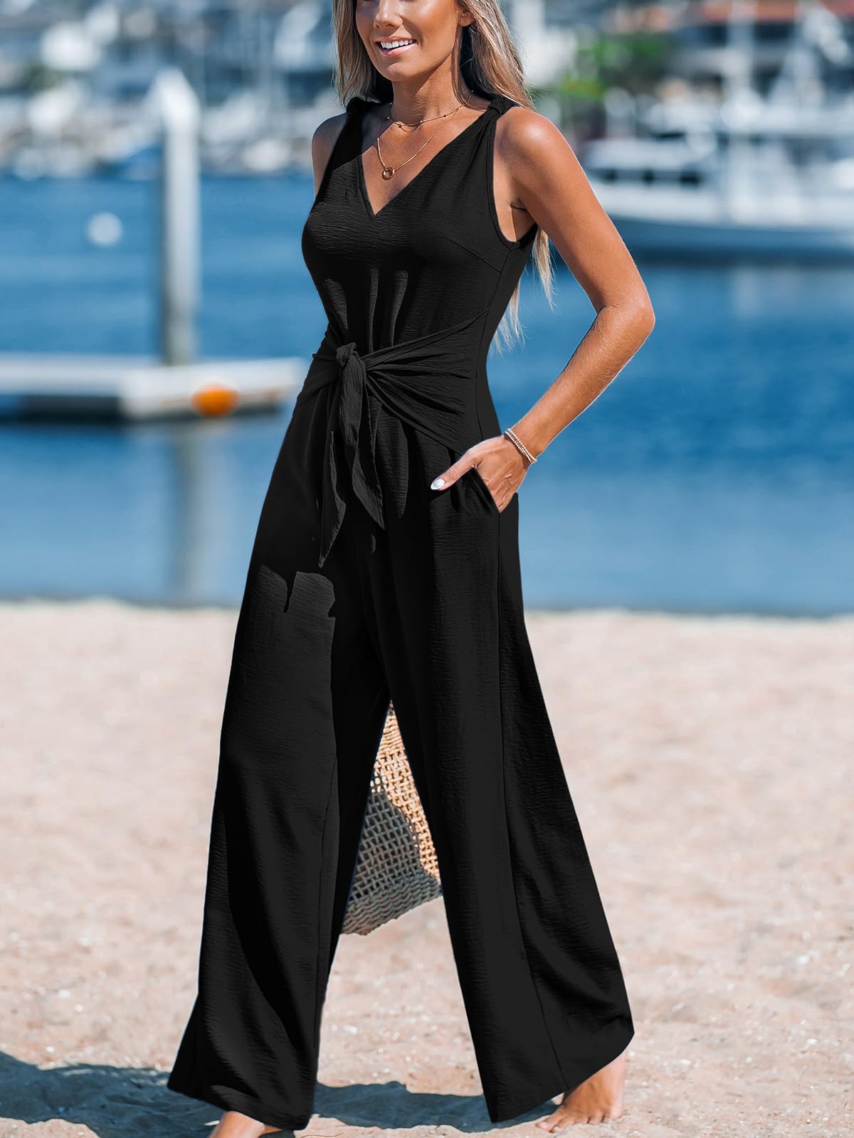 CUPSHE Women's Summer Jumpsuits Sleeveless Tie Knot Rompers | V Neck Wide Leg Long Pants with Pockets, Elegant Back Zipper Jumper, Dressy Casual Outfits Beach Vacation Going Out Overalls thumbnail