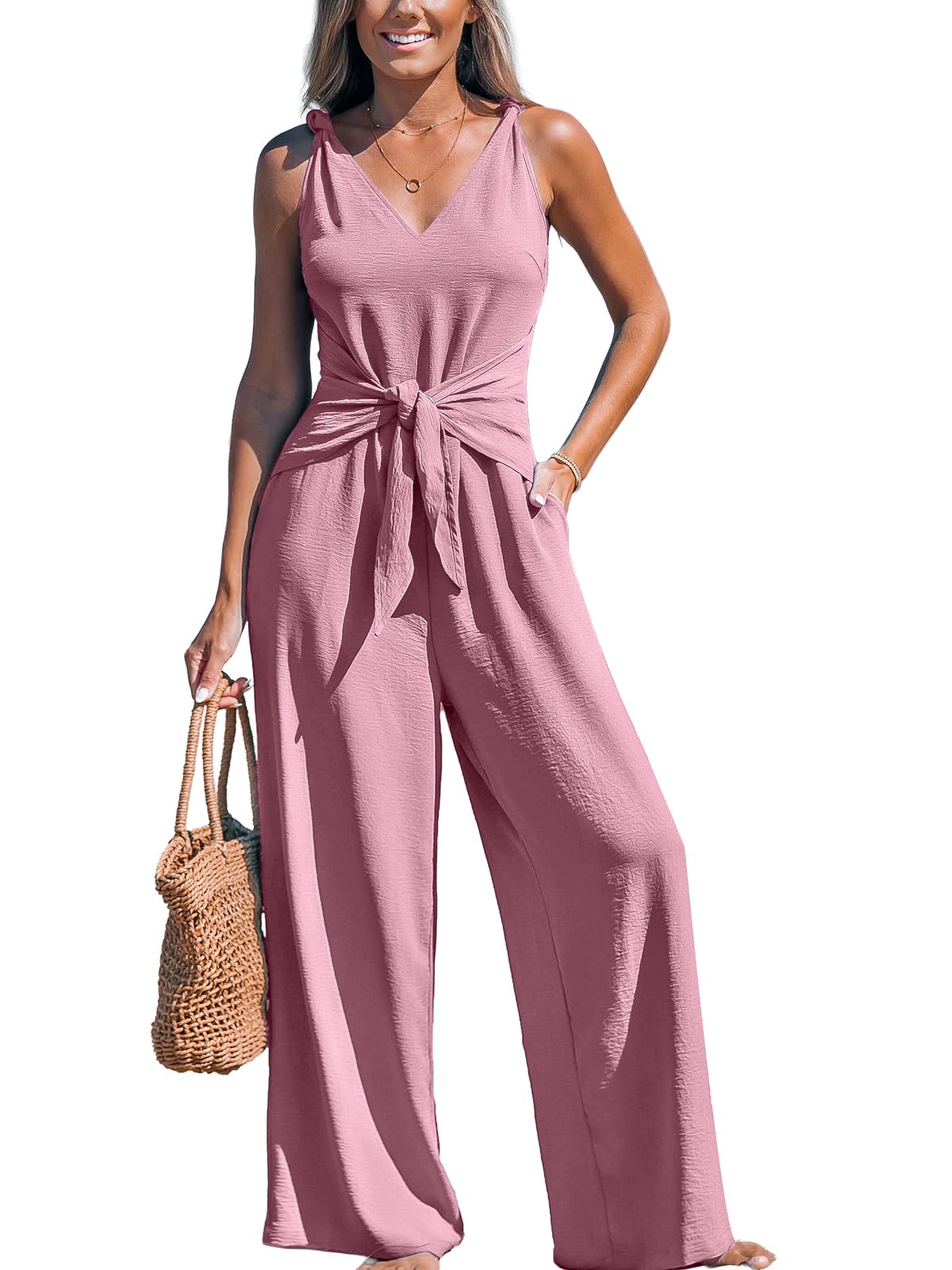 CUPSHE Women's Summer Jumpsuits Sleeveless Tie Knot Rompers | V Neck Wide Leg Long Pants with Pockets, Elegant Back Zipper Jumper, Dressy Casual Outfits Beach Vacation Going Out Overalls thumbnail