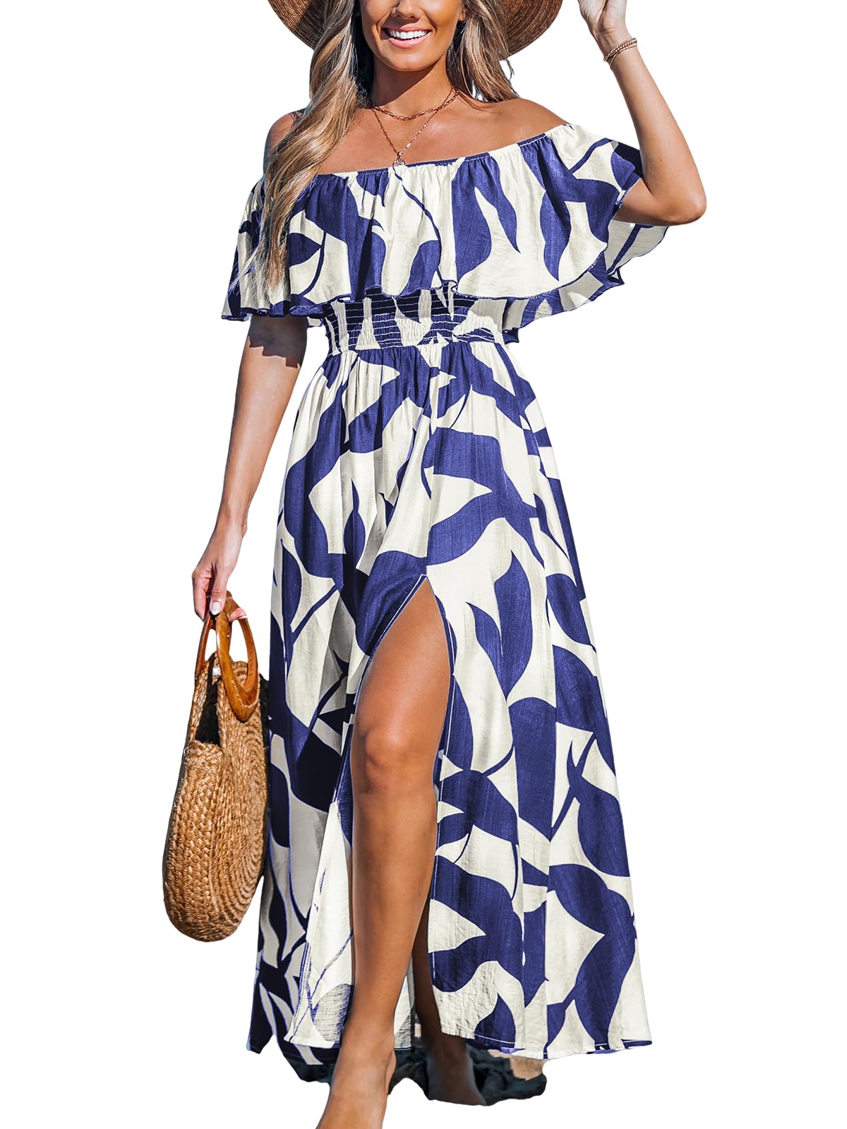 CUPSHE Women Ruffle Floral Maxi Summer Dress Off Shoulder Short Sleeve Backless Flounce Bodice Slit Hem Beach Dresses