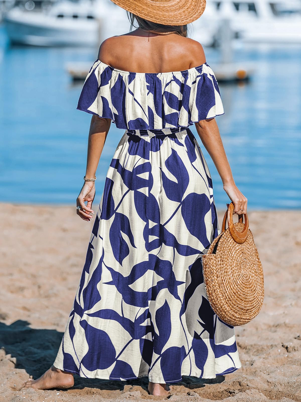 CUPSHE Women Ruffle Floral Maxi Summer Dress Off Shoulder Short Sleeve Backless Flounce Bodice Slit Hem Beach Dresses thumbnail