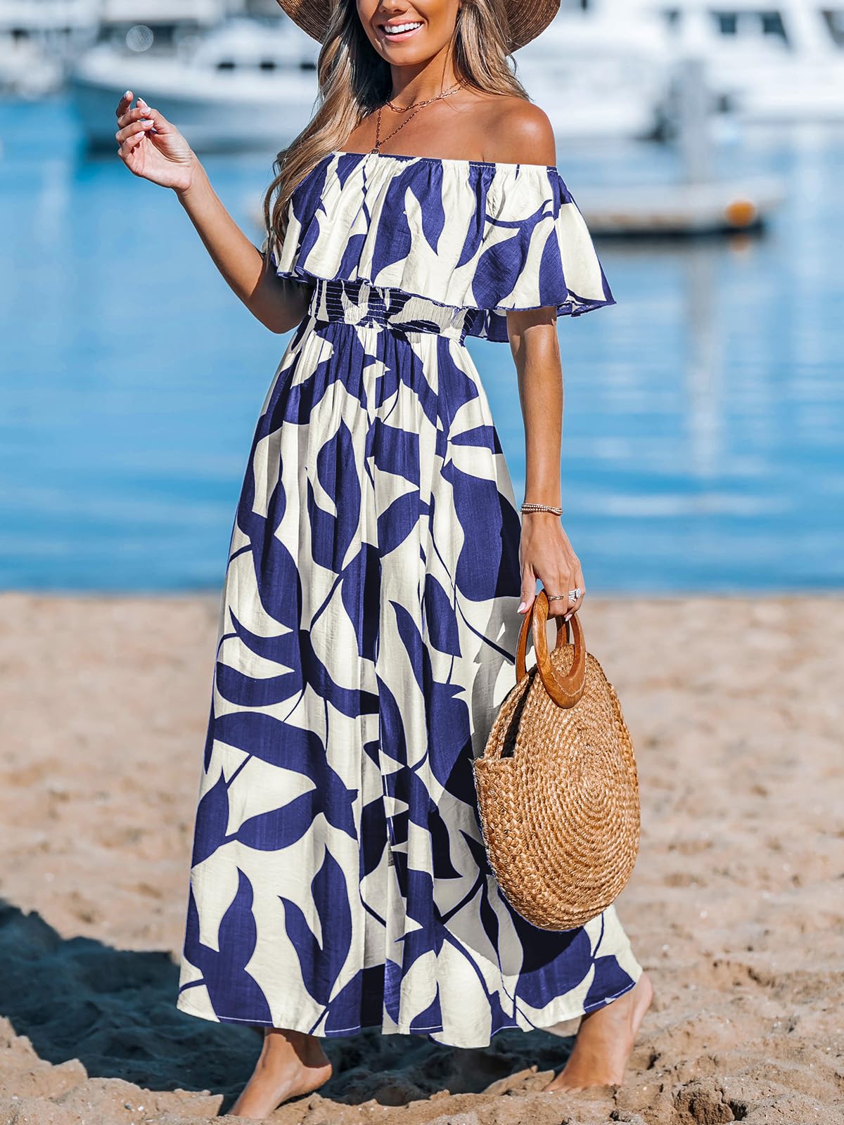 CUPSHE Women Ruffle Floral Maxi Summer Dress Off Shoulder Short Sleeve Backless Flounce Bodice Slit Hem Beach Dresses thumbnail