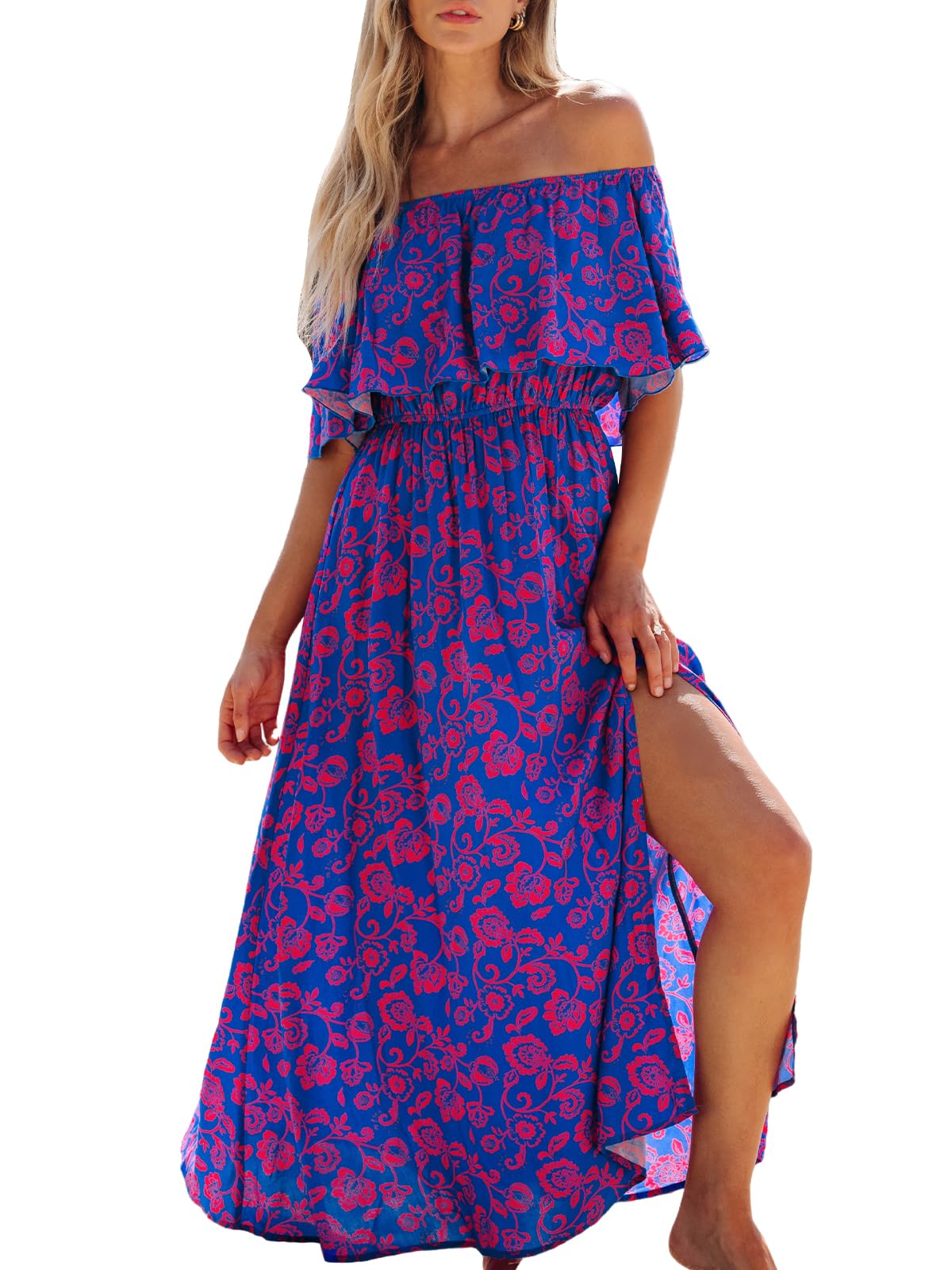 CUPSHE Women Ruffle Floral Maxi Summer Dress Off Shoulder Short Sleeve Backless Flounce Bodice Slit Hem Beach Dresses thumbnail