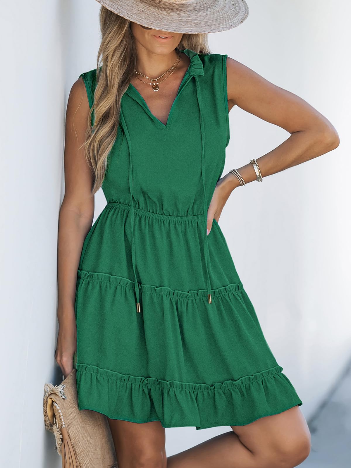 CUPSHE Womens Summer Dresses Tie Neck Sleeveless Tiered Ruffle A-Line Tunic Mini Dress thumbnail