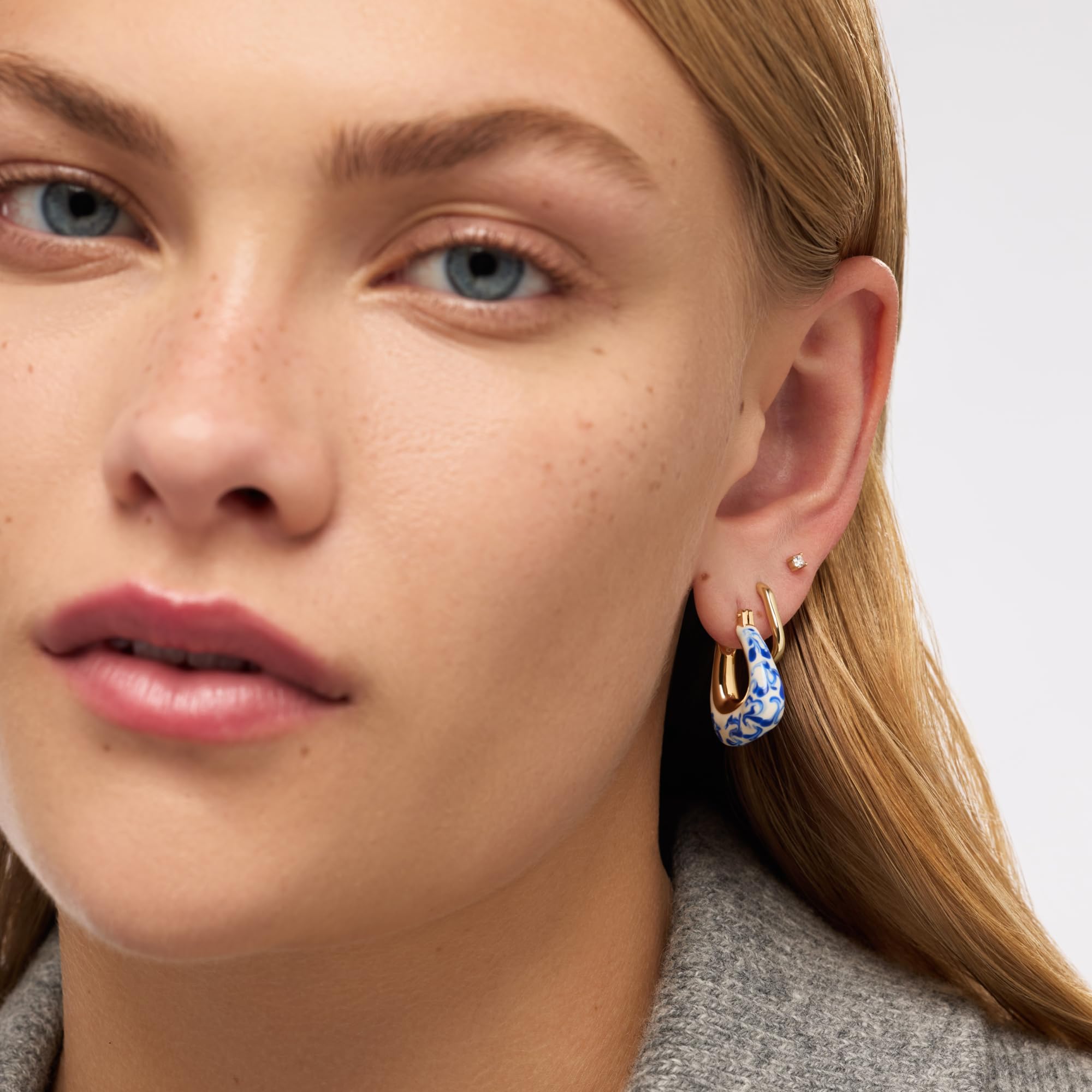 Ana Luisa Sphere Hoop Earring -Abby and Dakota Styles Womens Earrings - Trendy 14K Gold Plated, Silver Rhodium Plated w/Blue Marble - Mini Huggie Hoop Earrings for Women Hypoallergenic & Tarnish-Free thumbnail