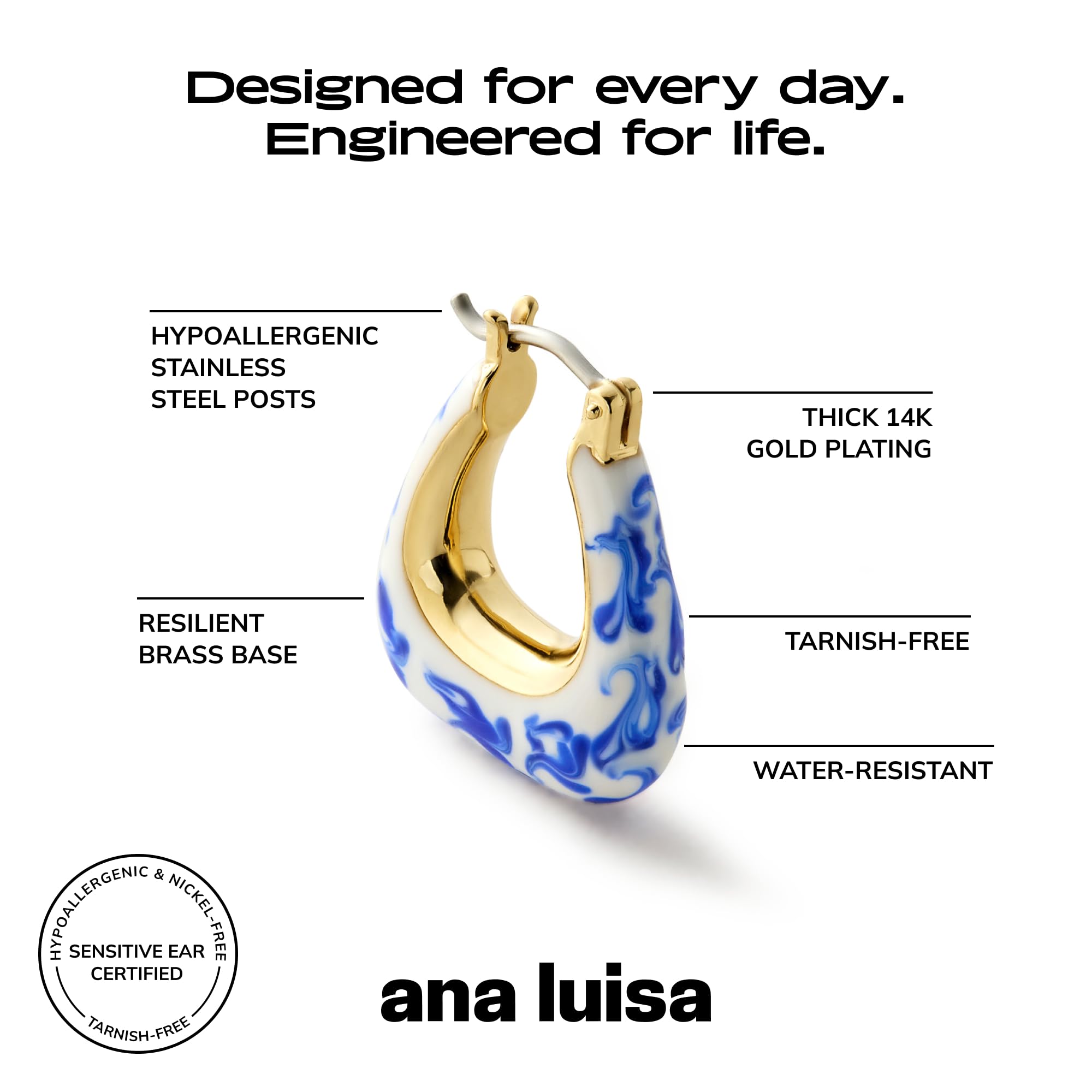 Ana Luisa Sphere Hoop Earring -Abby and Dakota Styles Womens Earrings - Trendy 14K Gold Plated, Silver Rhodium Plated w/Blue Marble - Mini Huggie Hoop Earrings for Women Hypoallergenic & Tarnish-Free thumbnail