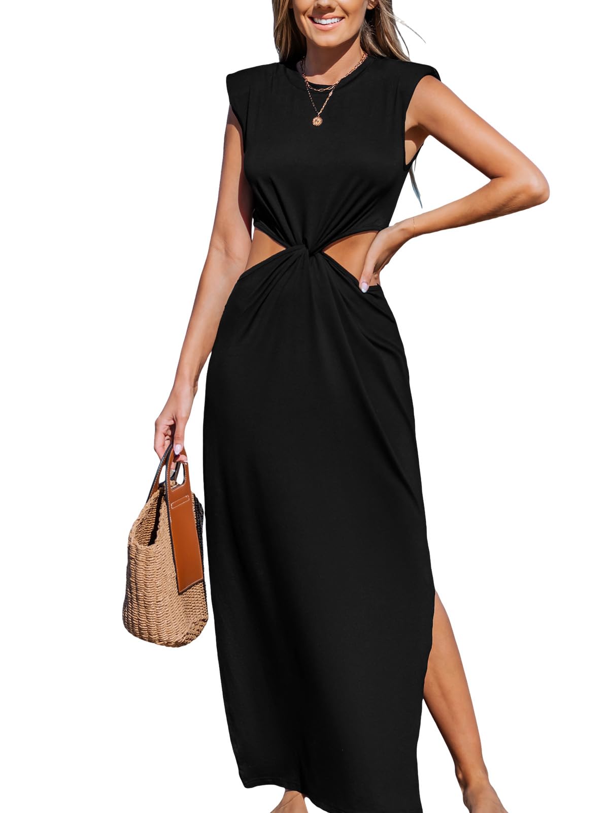 CUPSHE Women’s Summer Maxi Dresses Sleeveless Cutout Side Slit Long Casual Dress with Padded Shoulders