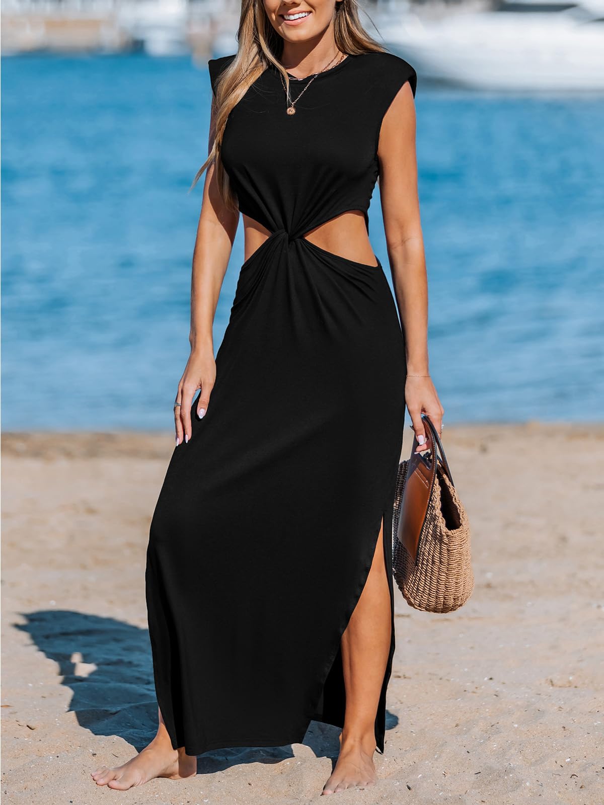 CUPSHE Women’s Summer Maxi Dresses Sleeveless Cutout Side Slit Long Casual Dress with Padded Shoulders thumbnail
