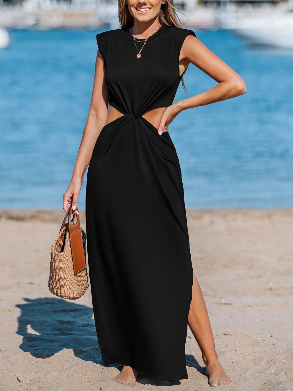CUPSHE Women’s Summer Maxi Dresses Sleeveless Cutout Side Slit Long Casual Dress with Padded Shoulders thumbnail