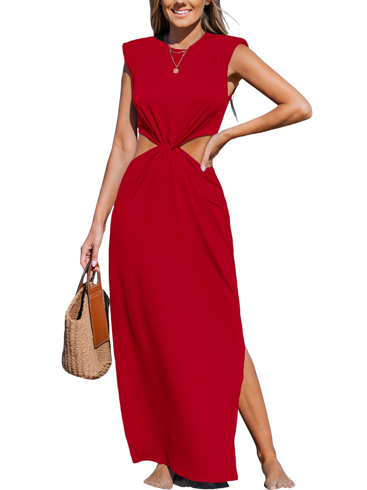 CUPSHE Women’s Summer Maxi Dresses Sleeveless Cutout Side Slit Long Casual Dress with Padded Shoulders thumbnail