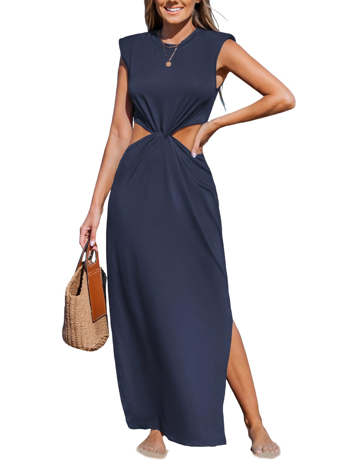 CUPSHE Women’s Summer Maxi Dresses Sleeveless Cutout Side Slit Long Casual Dress with Padded Shoulders thumbnail