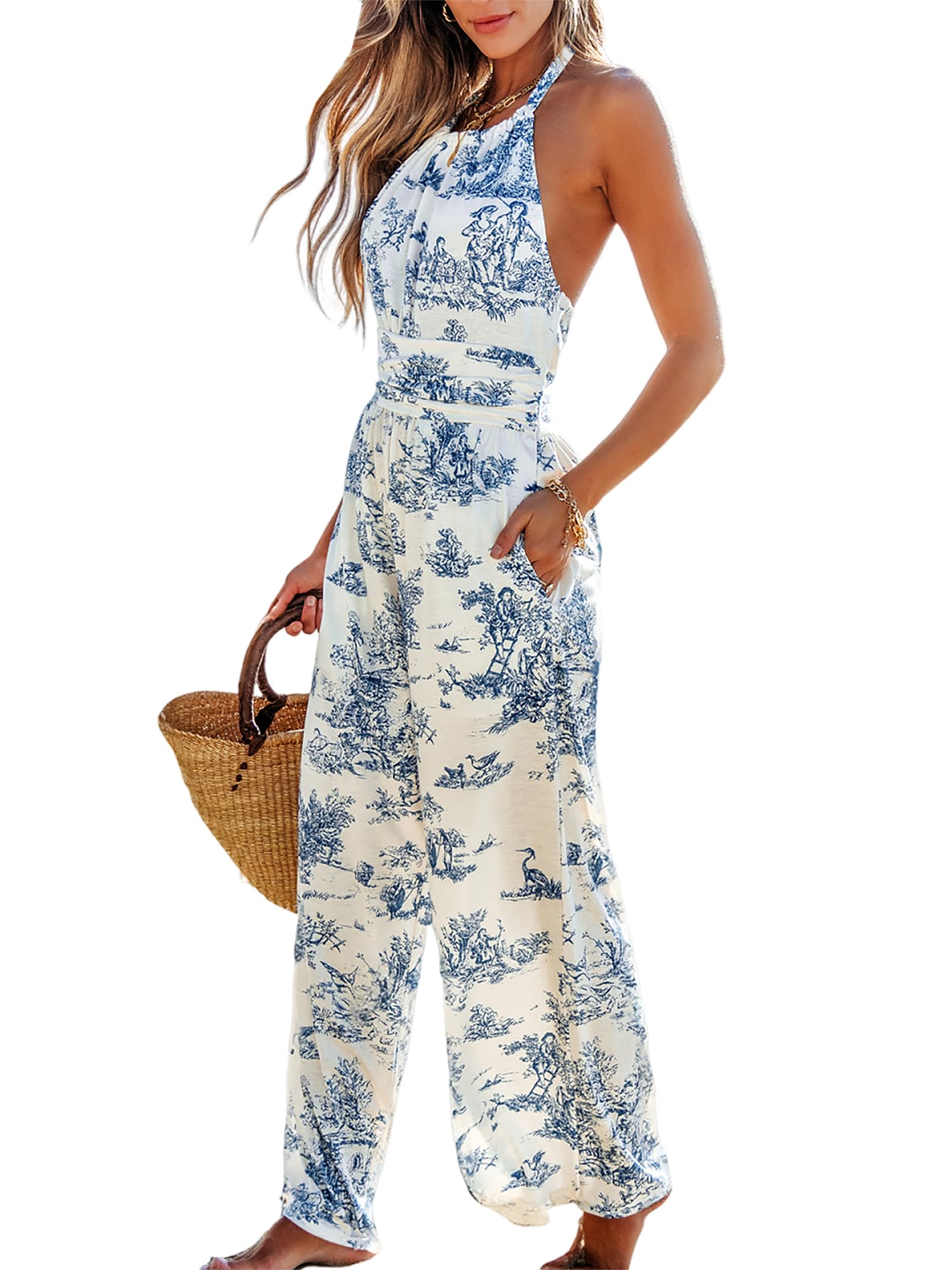 CUPSHE Womens Summer Boho Floral Halter Jumpsuit Sleeveless Pockets One Piece Romper Wide Leg Beach Maxi Vacation Pantsuits