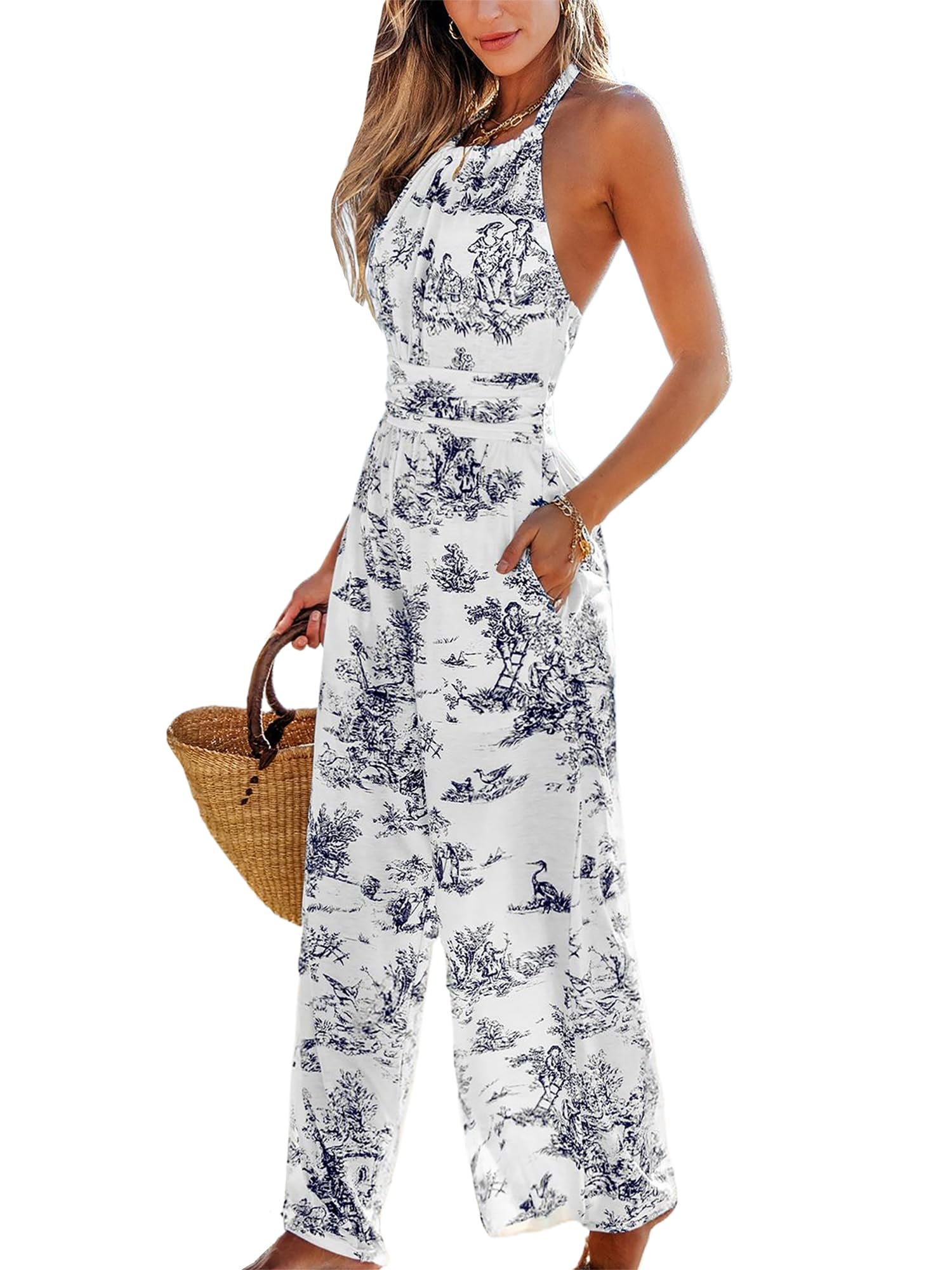 CUPSHE Womens Summer Boho Floral Halter Jumpsuit Sleeveless Pockets One Piece Romper Wide Leg Beach Maxi Vacation Pantsuits thumbnail